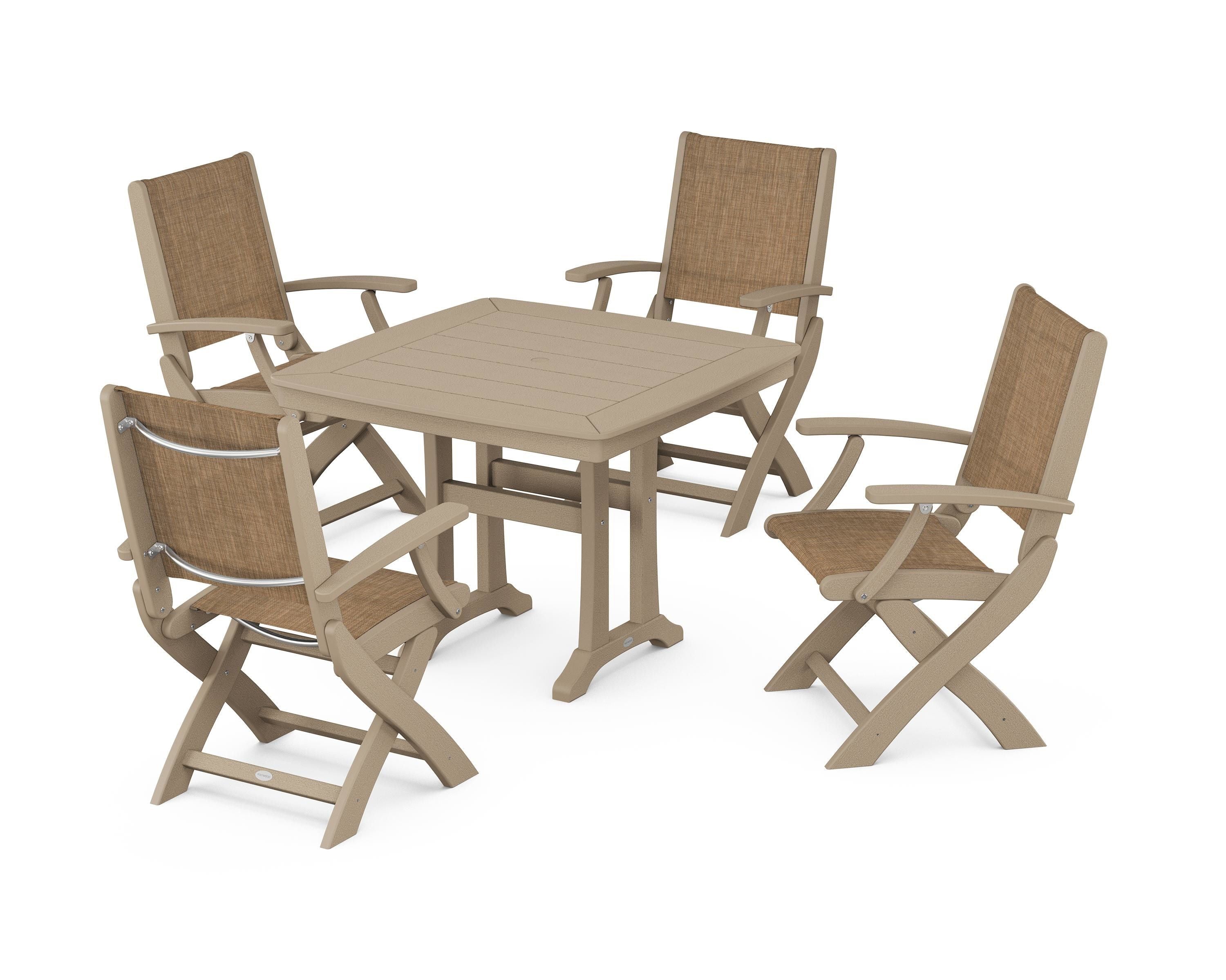 POLYWOOD Coastal Folding Chair 5-Piece Dining Set with Trestle Legs in Vintage Sahara / Burlap Sling