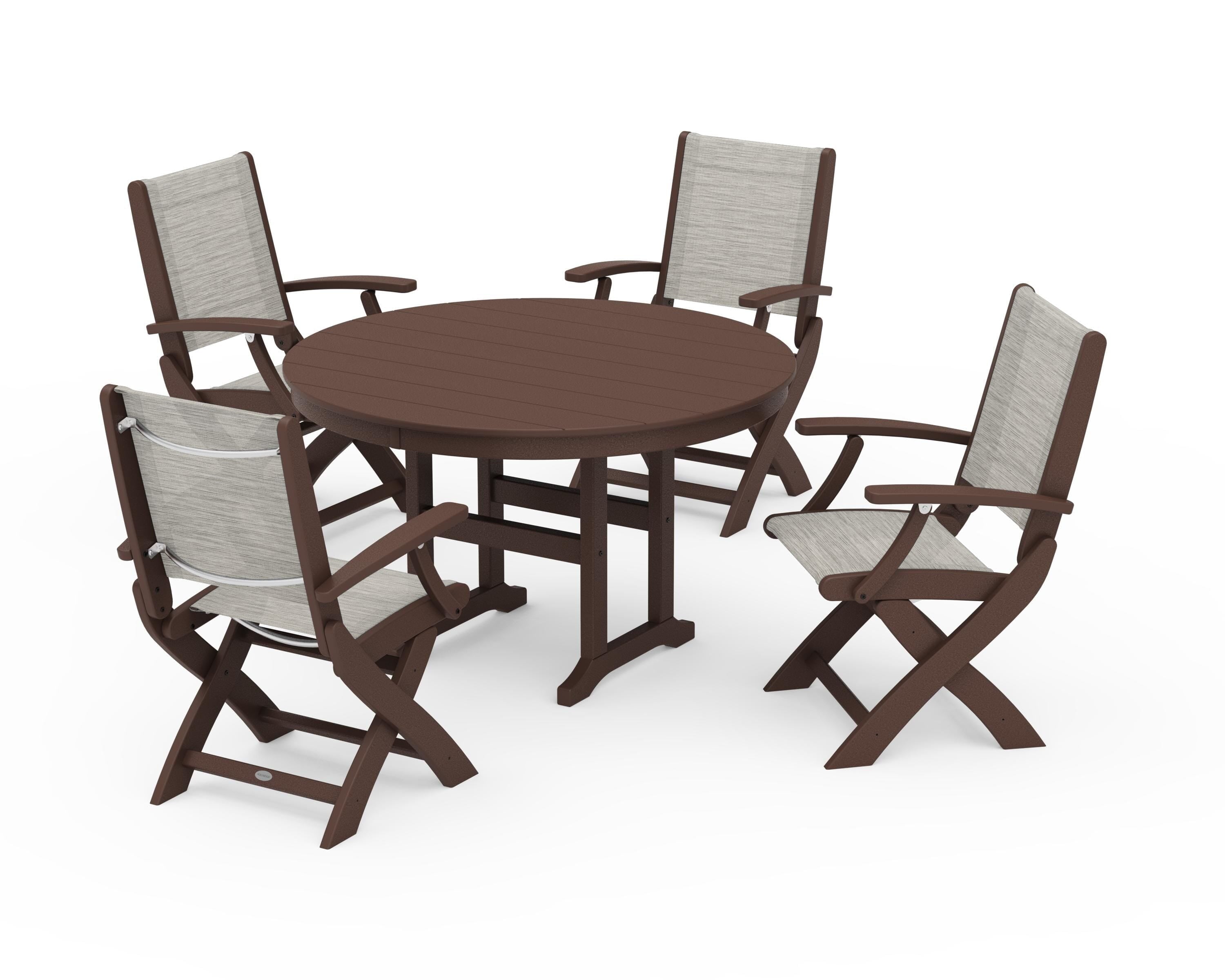 POLYWOOD Coastal Folding Chair 5-Piece Round Dining Set in Mahogany / Birch Sling
