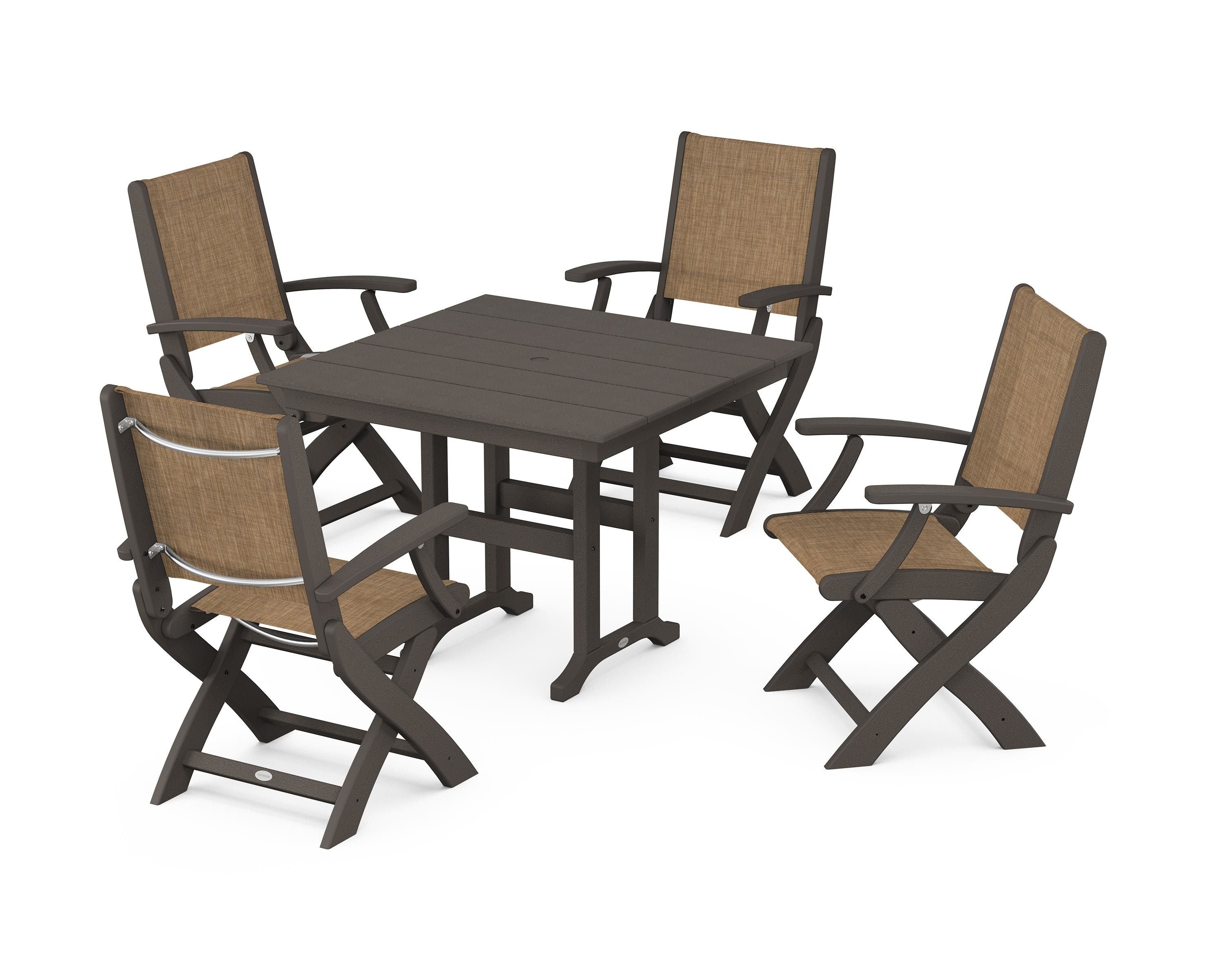 POLYWOOD Coastal Folding Chair 5-Piece Farmhouse Dining Set in Vintage Coffee / Burlap Sling
