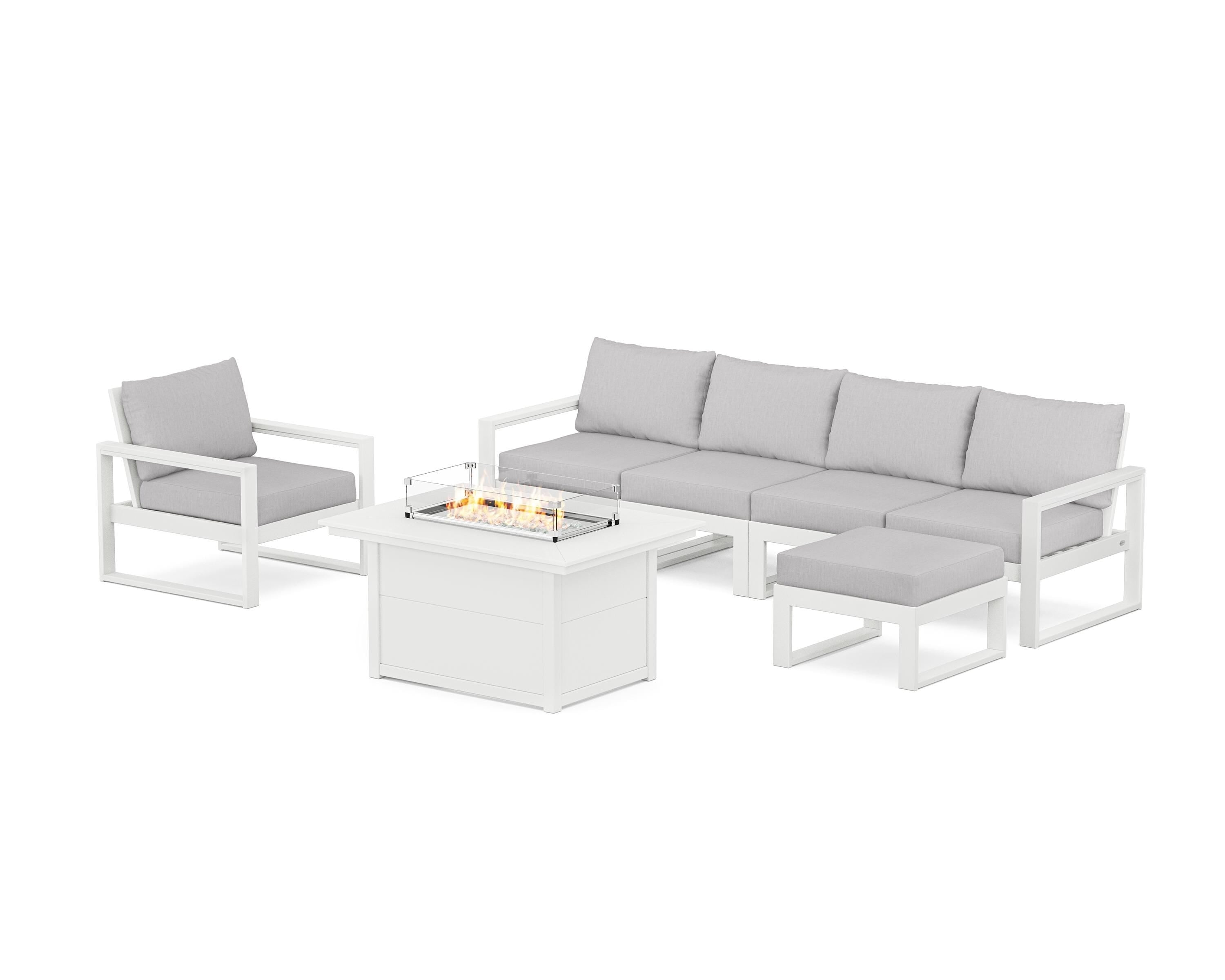 POLYWOOD EDGE Sectional Lounge and Fire Pit Set in White / Granite