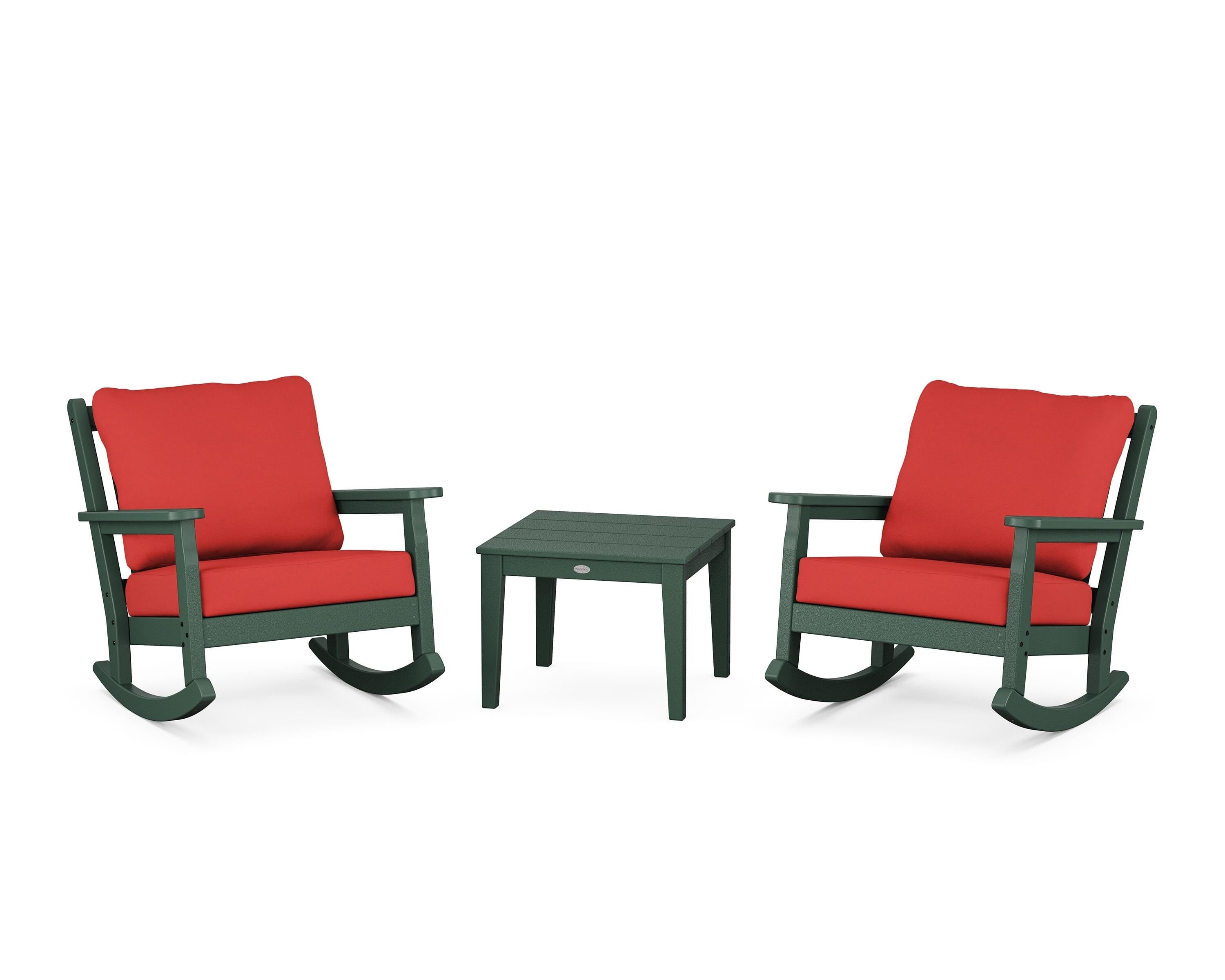 POLYWOOD Chippendale 3-Piece Deep Seating Rocker Set in Green / Crimson Linen