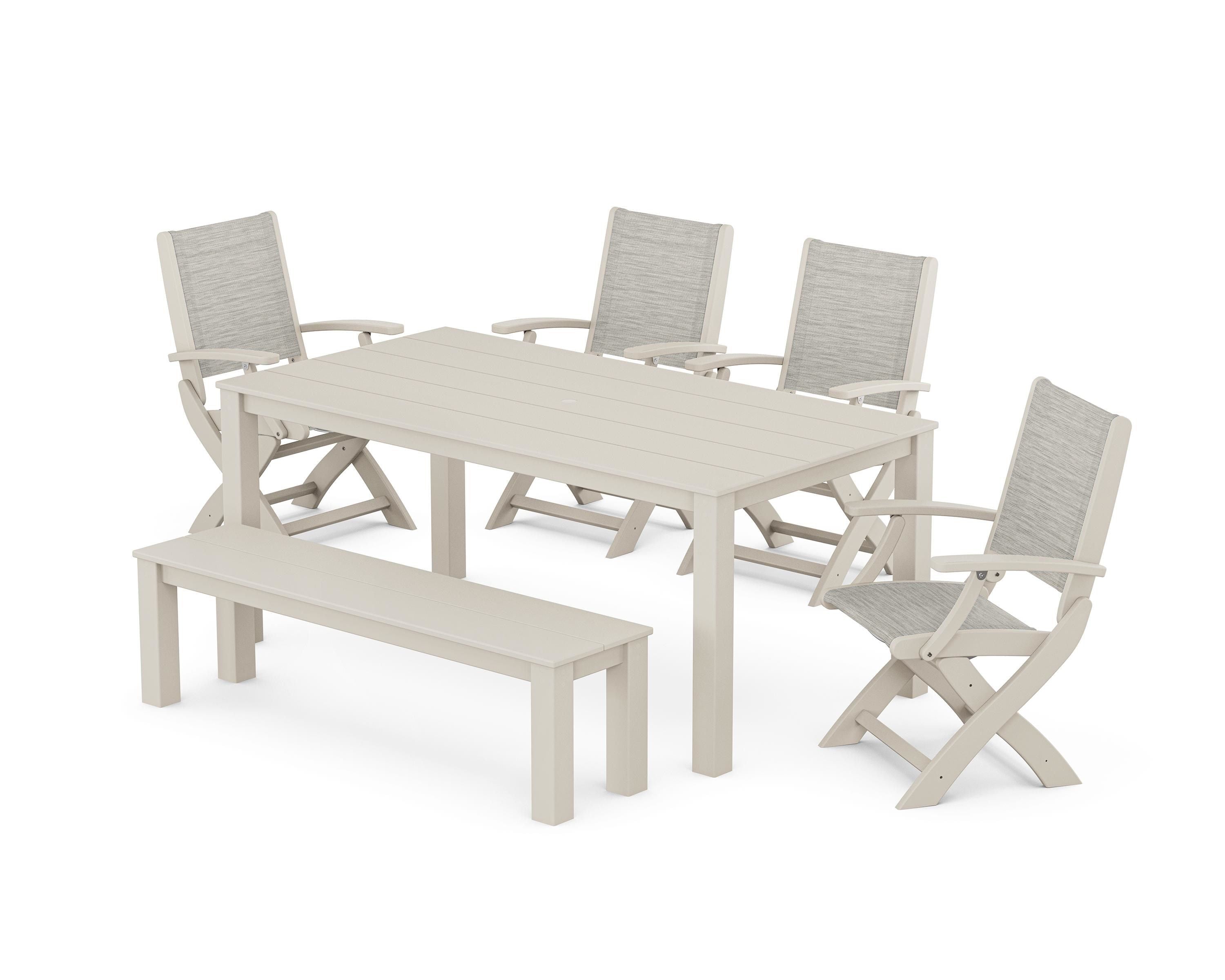 POLYWOOD Coastal Folding Chair 6-Piece Parsons Dining Set with Bench in Sand / Birch Sling