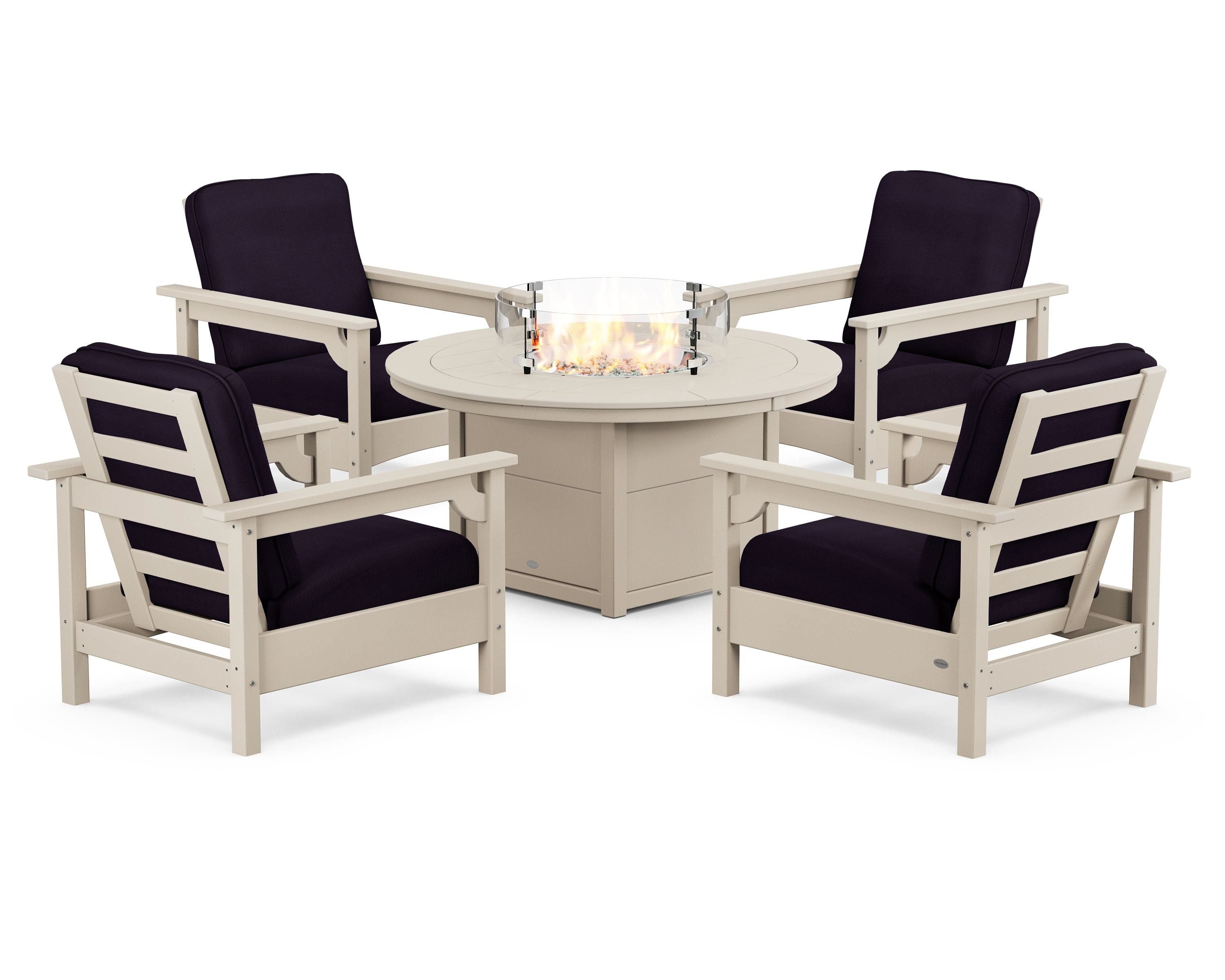 POLYWOOD Club 5-Piece Conversation Set with Fire Pit Table in Sand / Navy Linen