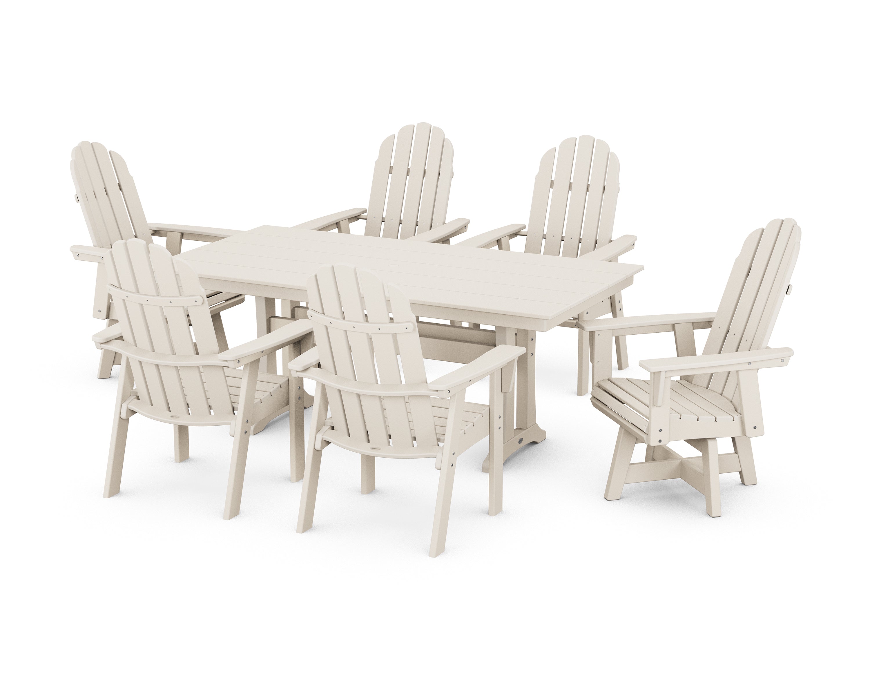 POLYWOOD® Vineyard Curveback Adirondack Swivel Chair 7-Piece Farmhouse Dining Set with Trestle Legs in Sand