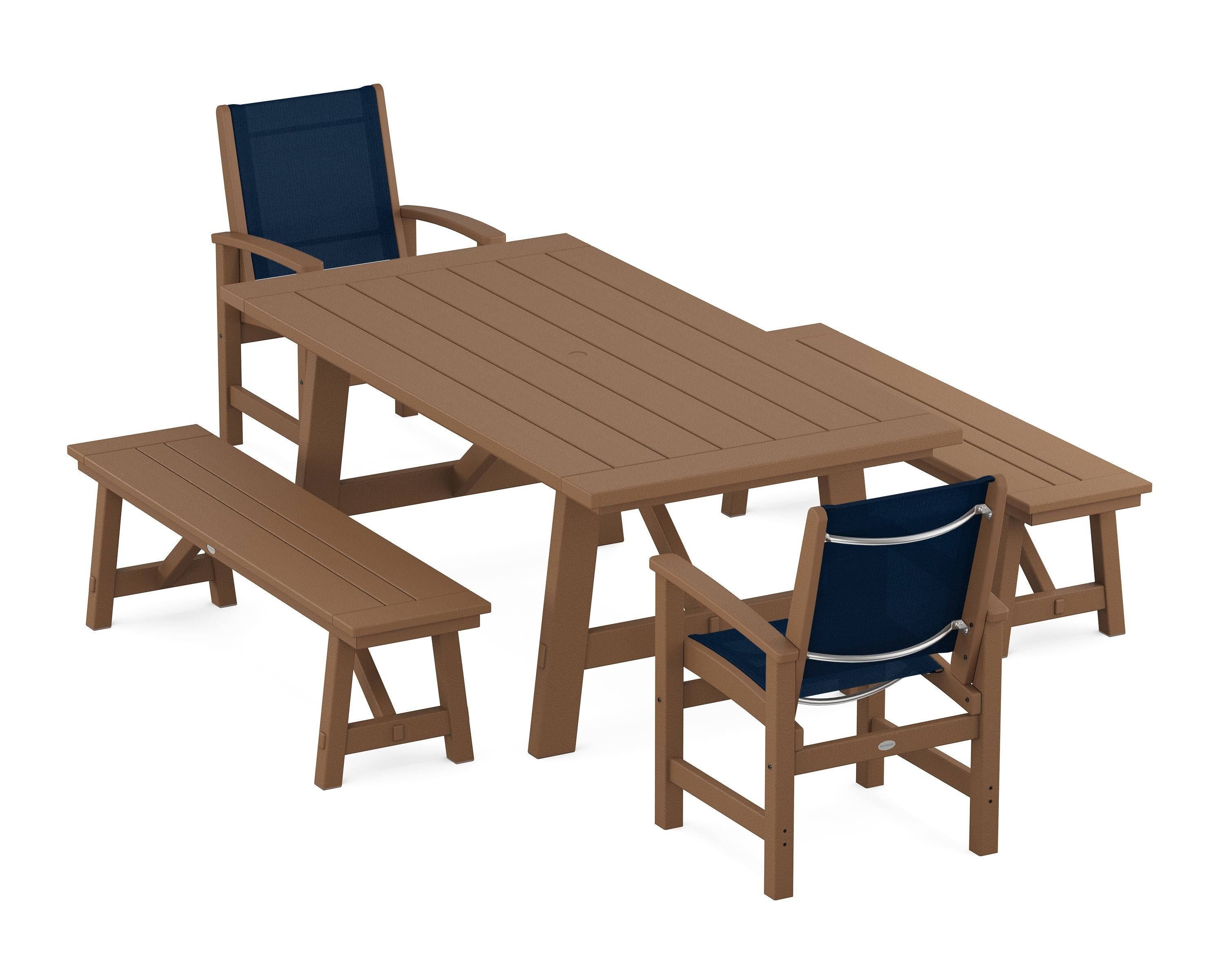 POLYWOOD Coastal 5-Piece Rustic Farmhouse Dining Set With Benches in Teak / Navy Blue Sling