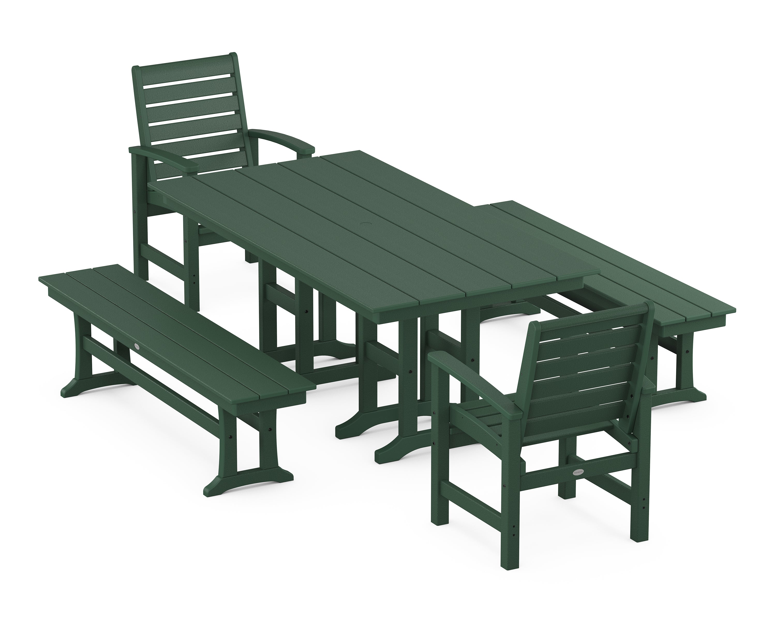 POLYWOOD® Signature 5-Piece Farmhouse Dining Set with Benches in Green