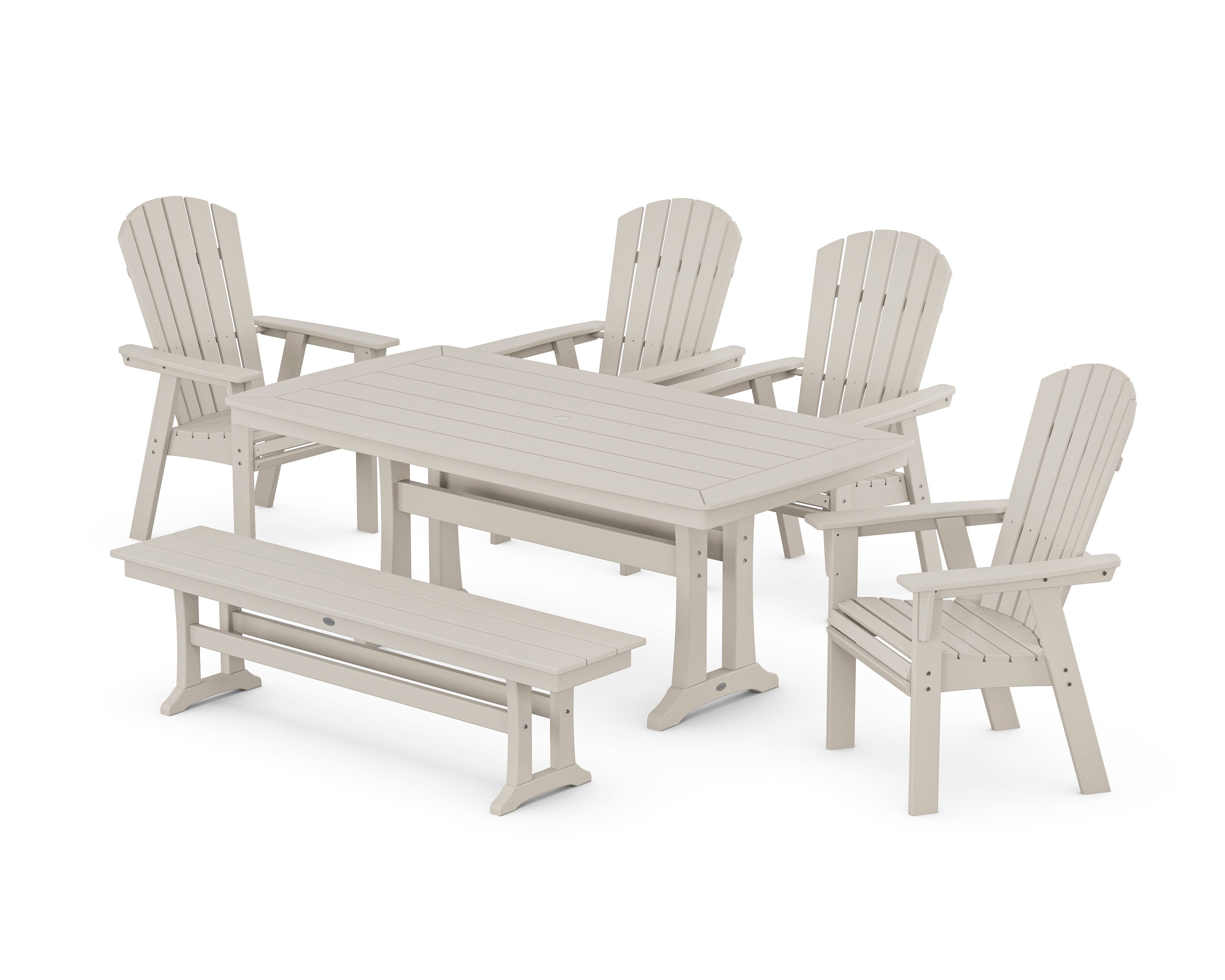 POLYWOOD Nautical Curveback Adirondack 6-Piece Dining Set with Trestle Legs and Bench in Sand
