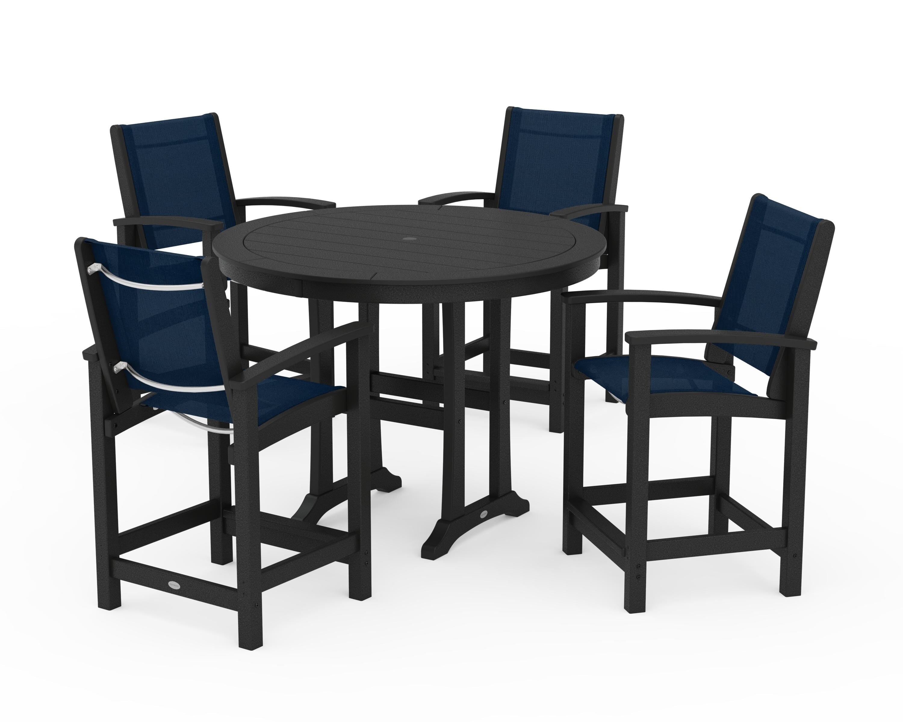 POLYWOOD Coastal 5-Piece Counter Set in Black / Navy Blue Sling