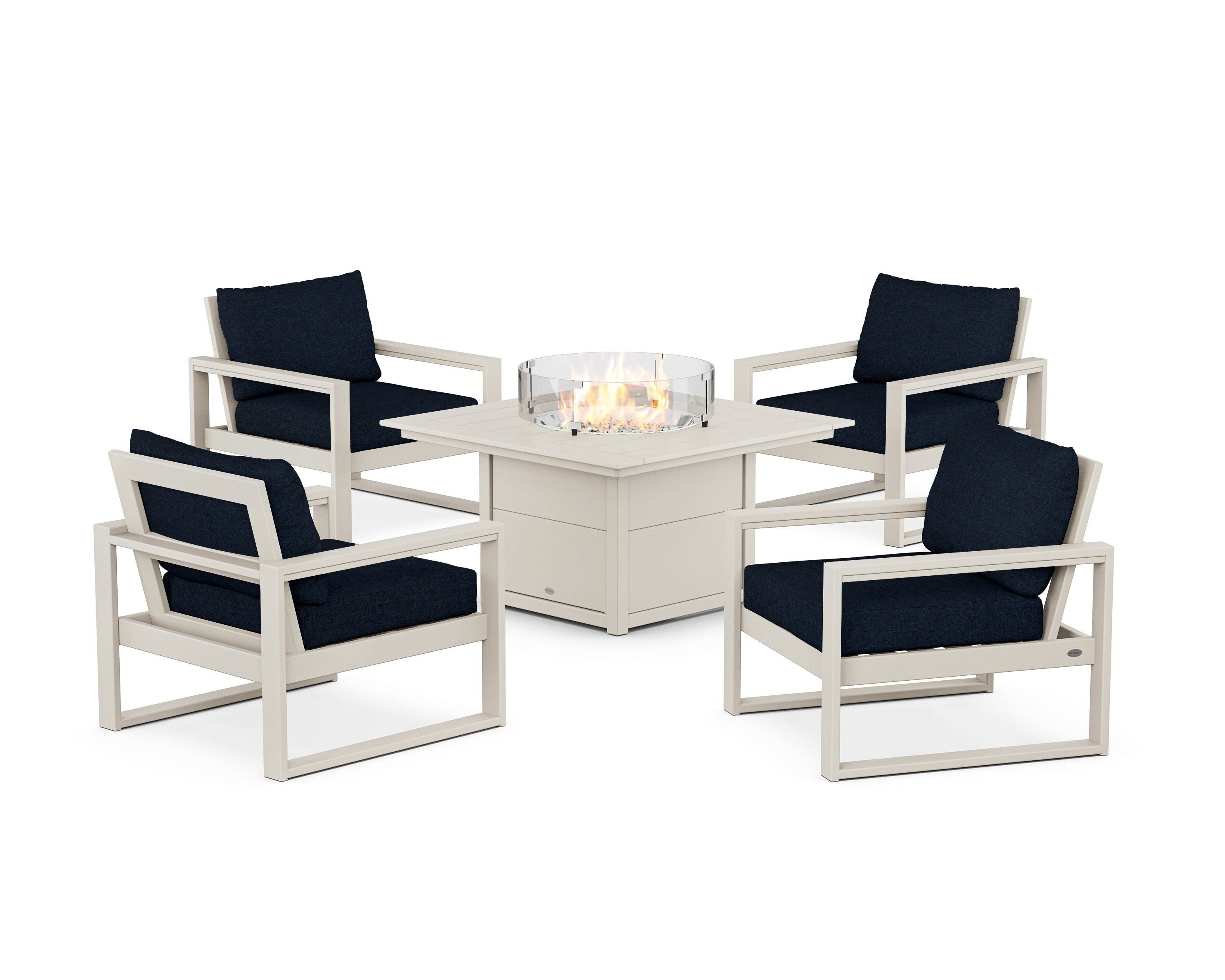 POLYWOOD EDGE Sectional 5-Piece Deep Seating Set with Fire Pit Table in Sand / Marine Indigo