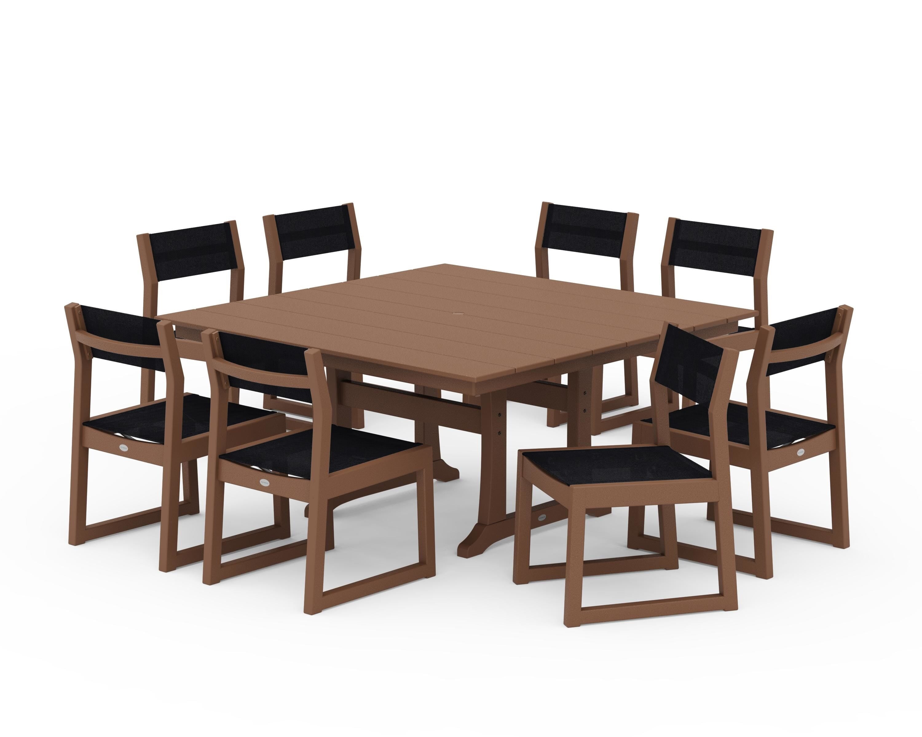 POLYWOOD EDGE Sling Side Chair 9-Piece Farmhouse Trestle Dining Set in Teak / Black Sling
