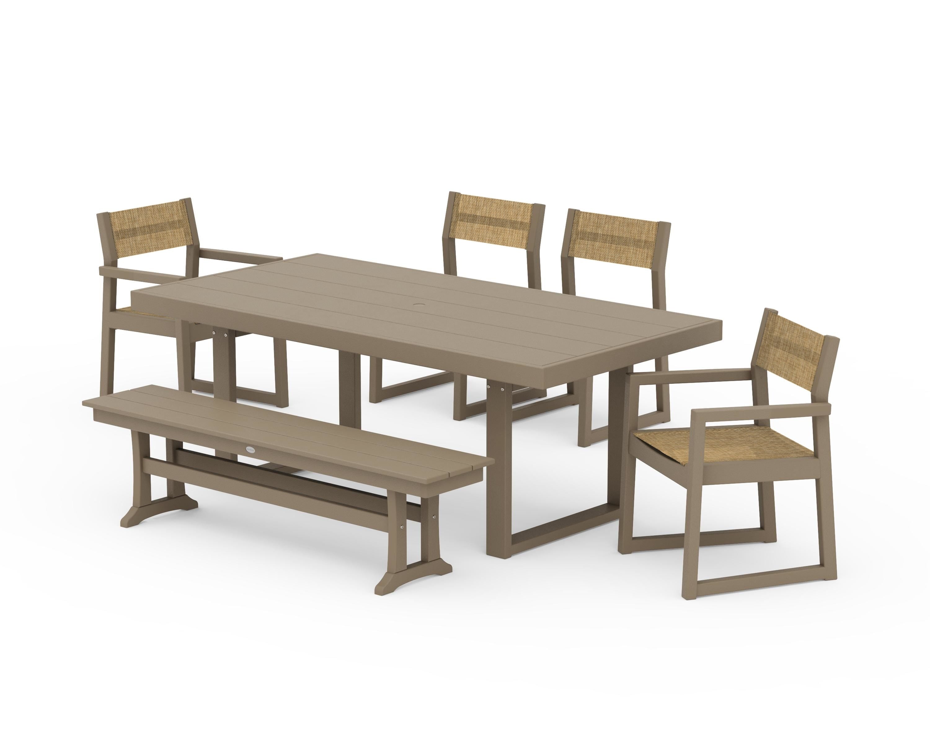 POLYWOOD EDGE Sling 6-Piece Dining Set with Bench in Vintage Sahara / Burlap Sling