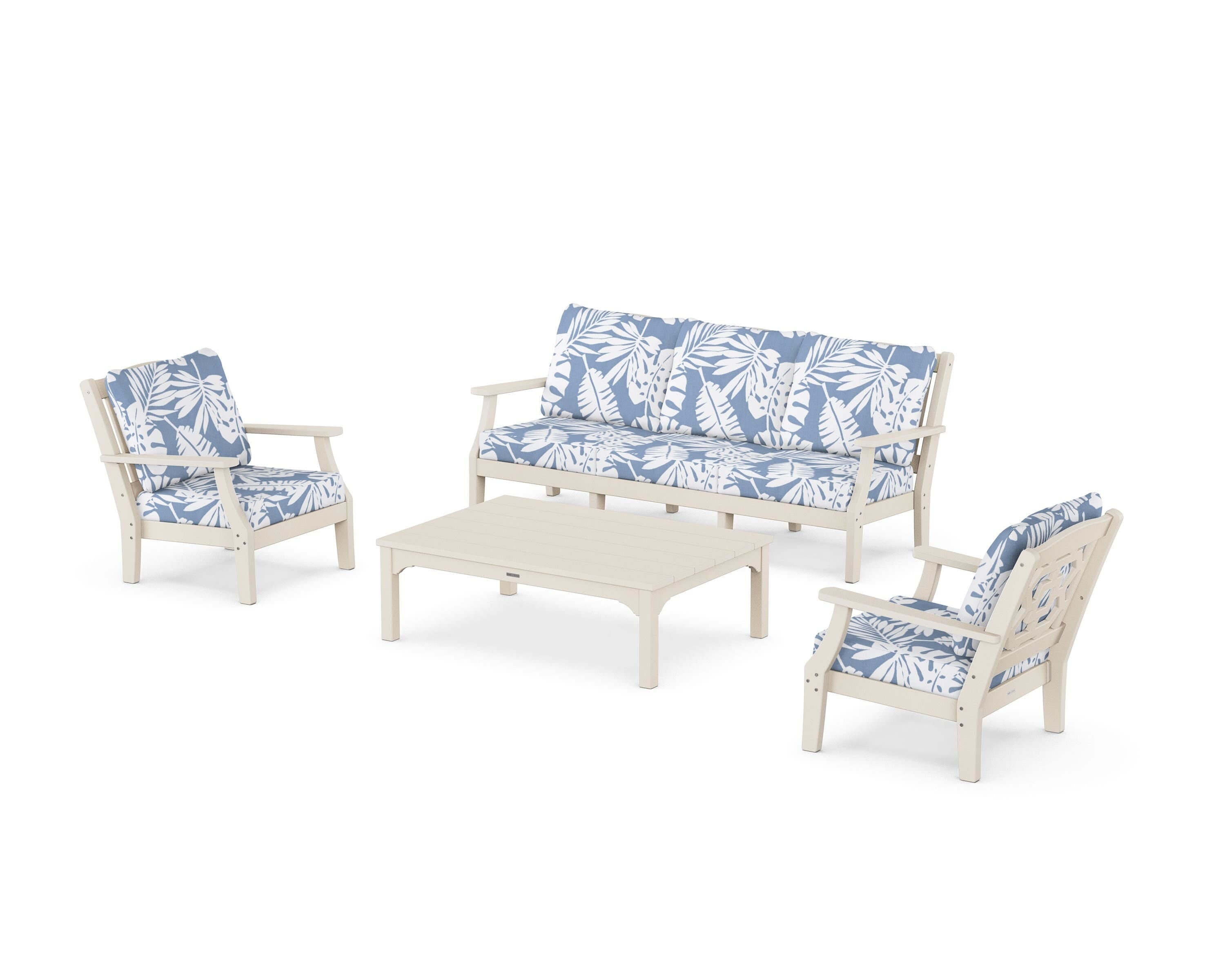 Martha Stewart by POLYWOOD Chinoiserie 4-Piece Deep Seating Set with Sofa in Sand / Leaf Sky Blue