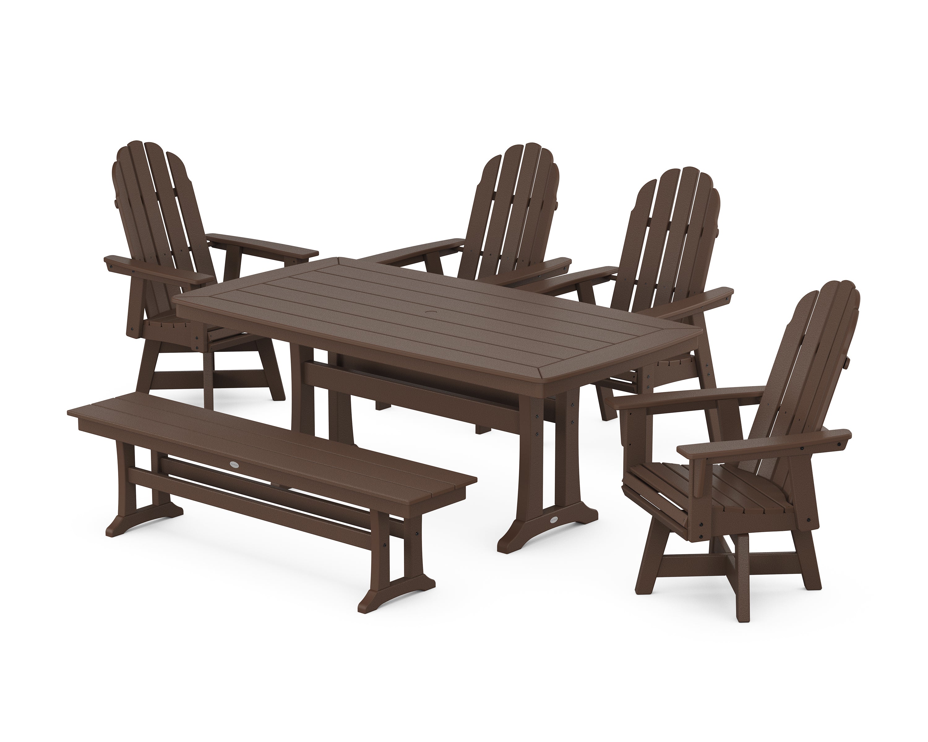 POLYWOOD® Vineyard Curveback Adirondack Swivel Chair 6-Piece Dining Set with Trestle Legs and Bench in Mahogany