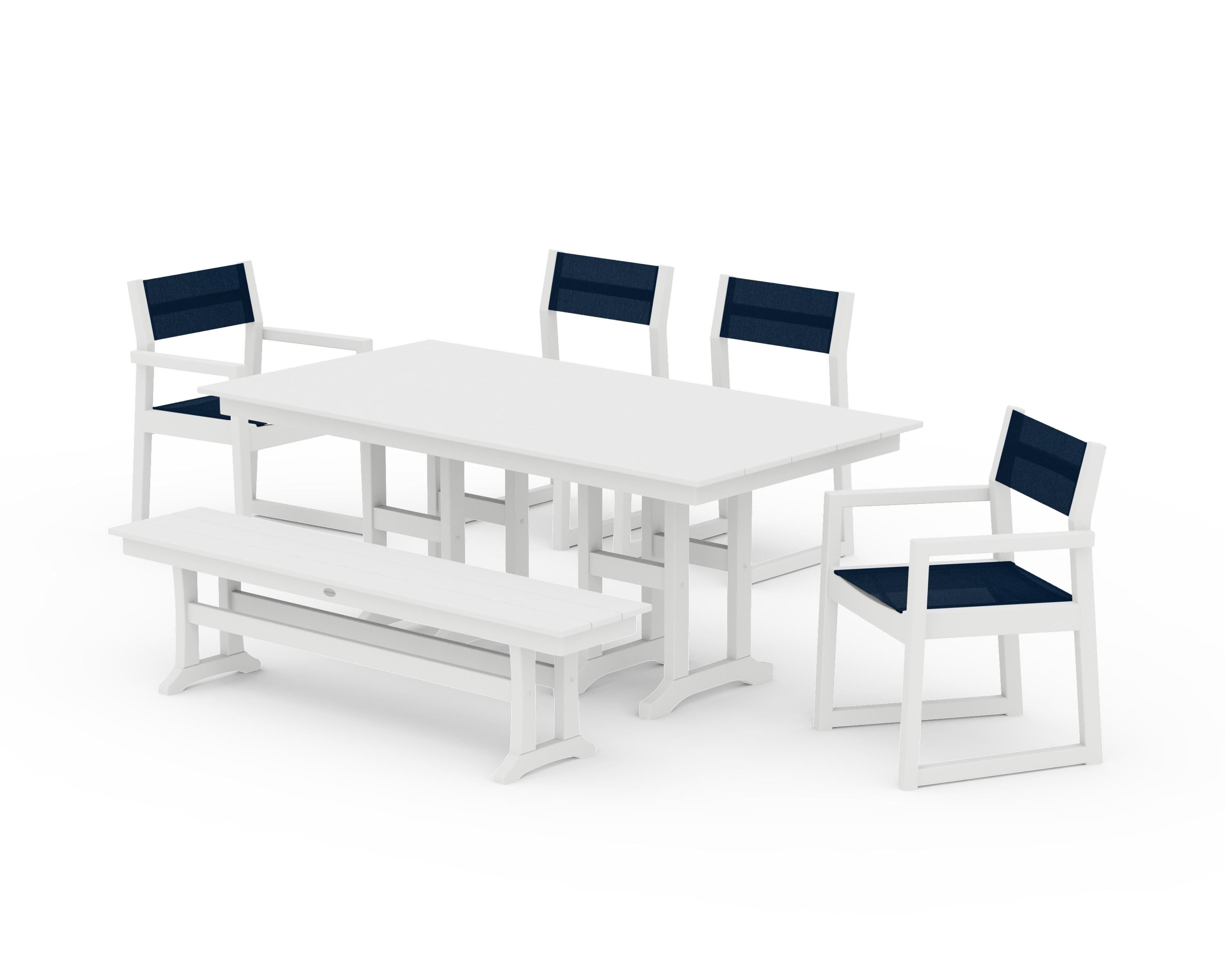POLYWOOD EDGE Sling 6-Piece Farmhouse Dining Set in White / Navy Blue Sling