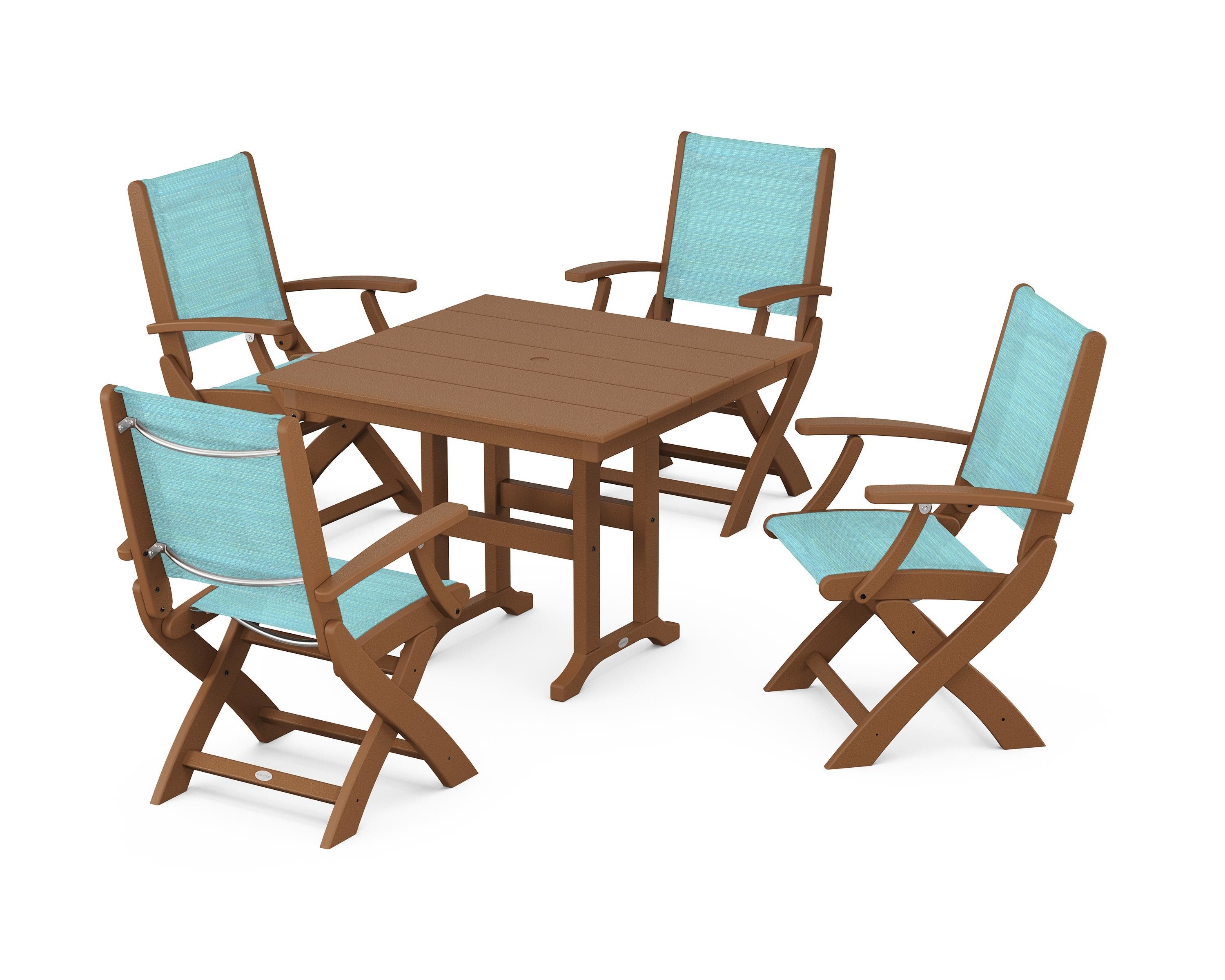 POLYWOOD Coastal Folding Chair 5-Piece Farmhouse Dining Set in Teak / Dupioni Aquamarine Sling