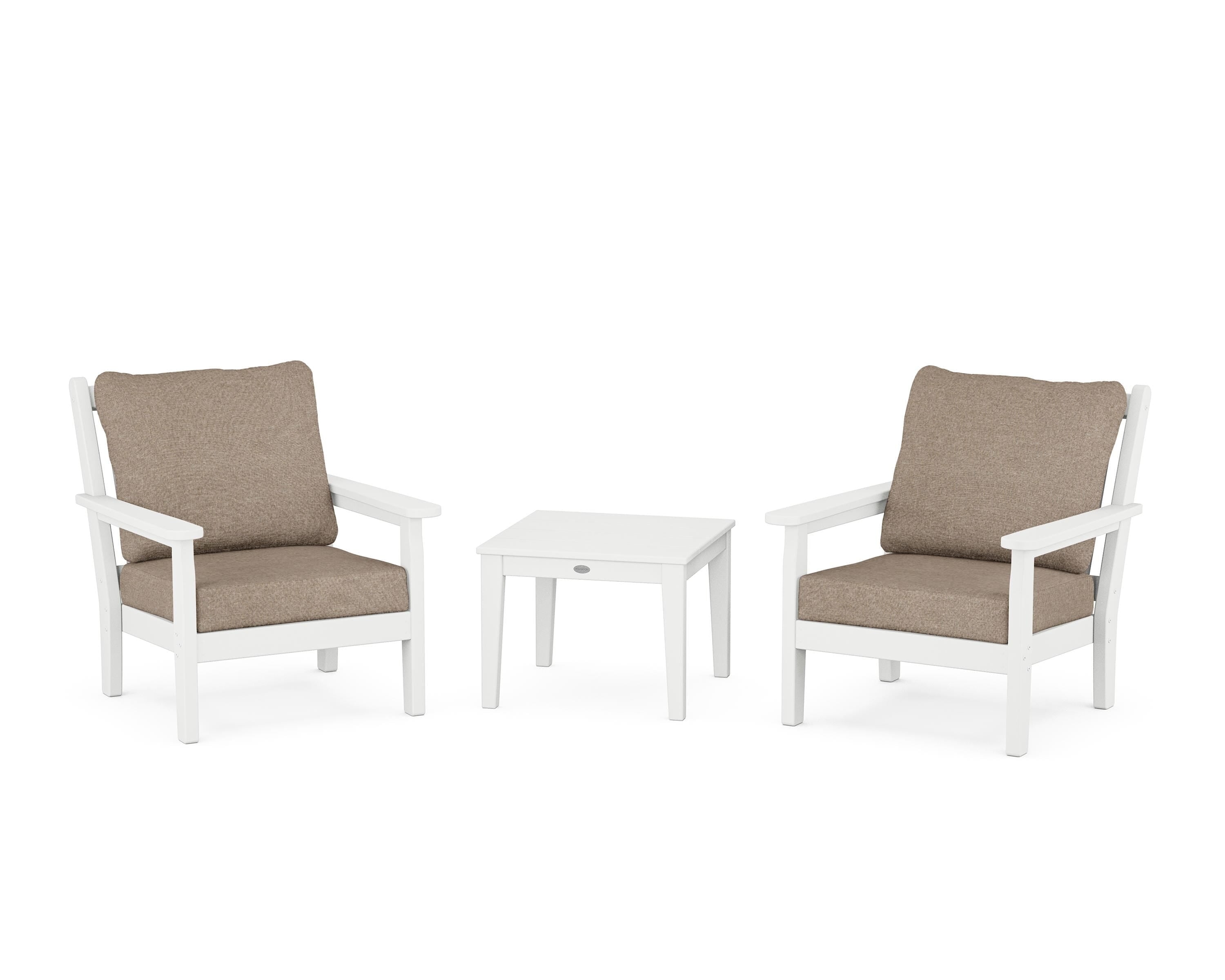 POLYWOOD Chippendale 3-Piece Deep Seating Set in White / Spiced Burlap