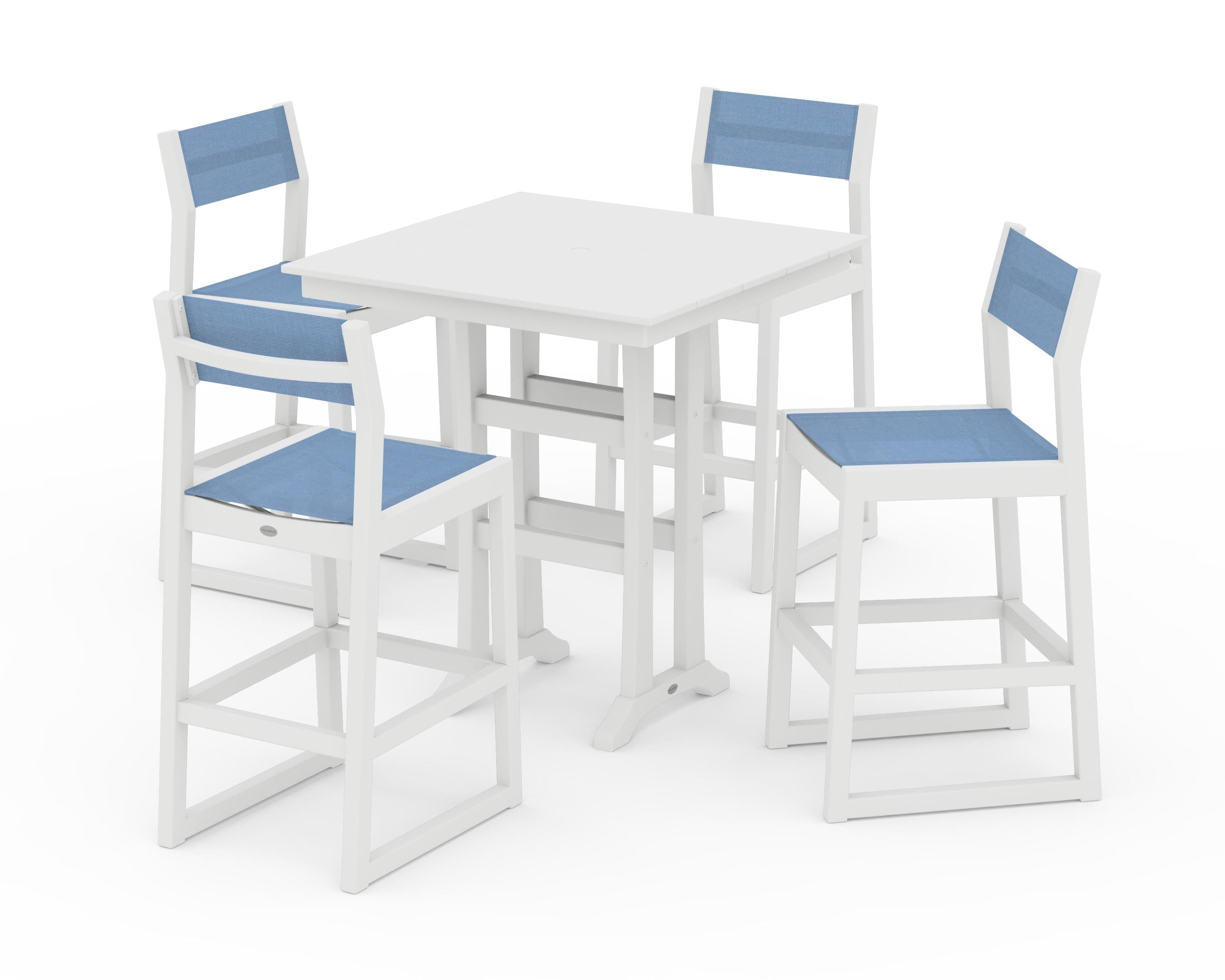 POLYWOOD EDGE Sling Arm Chair 5-Piece Farmhouse Bar Set with Trestle Legs in White / Poolside Sling