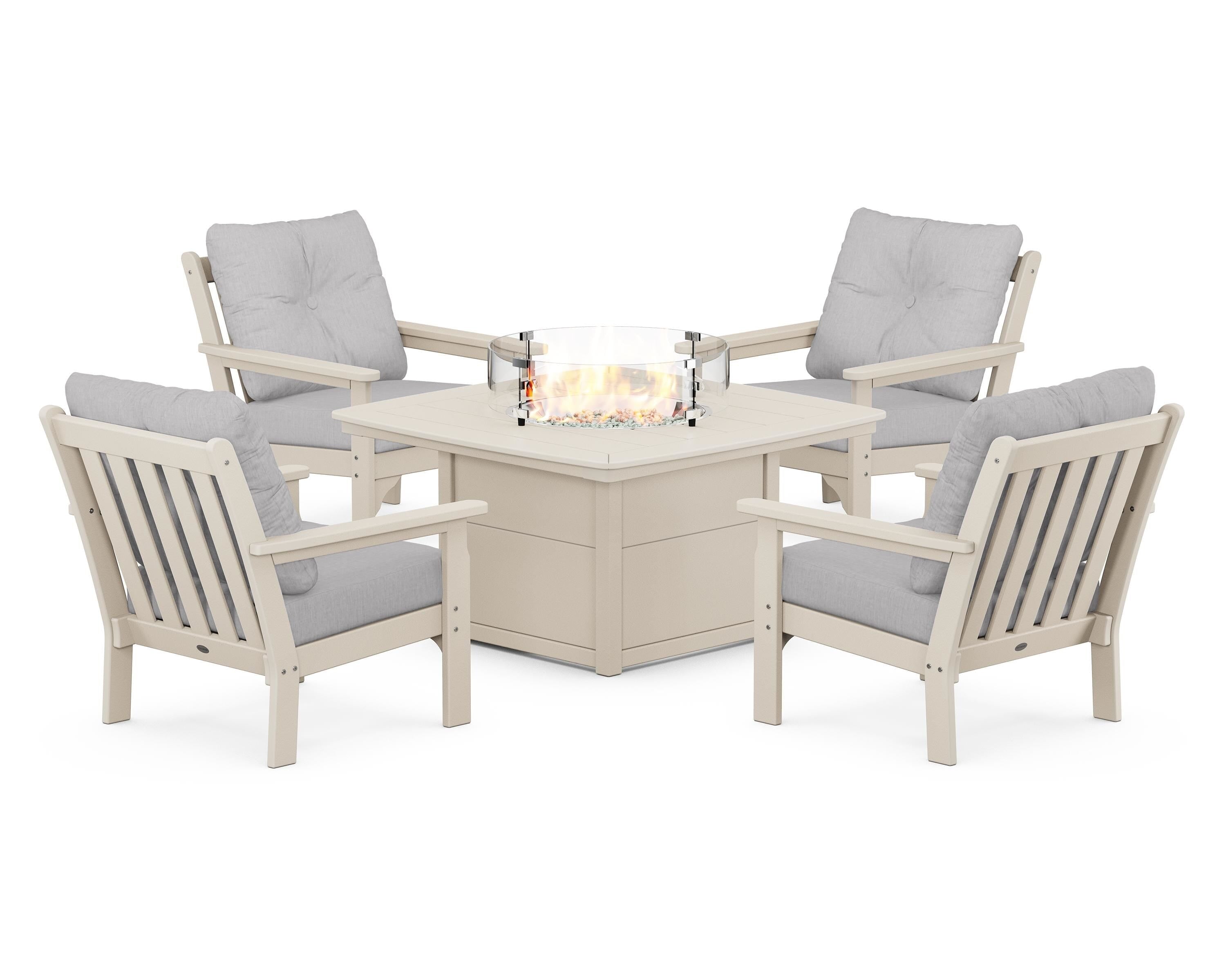 POLYWOOD Vineyard 5-Piece Conversation Set with Fire Pit Table in Sand / Granite