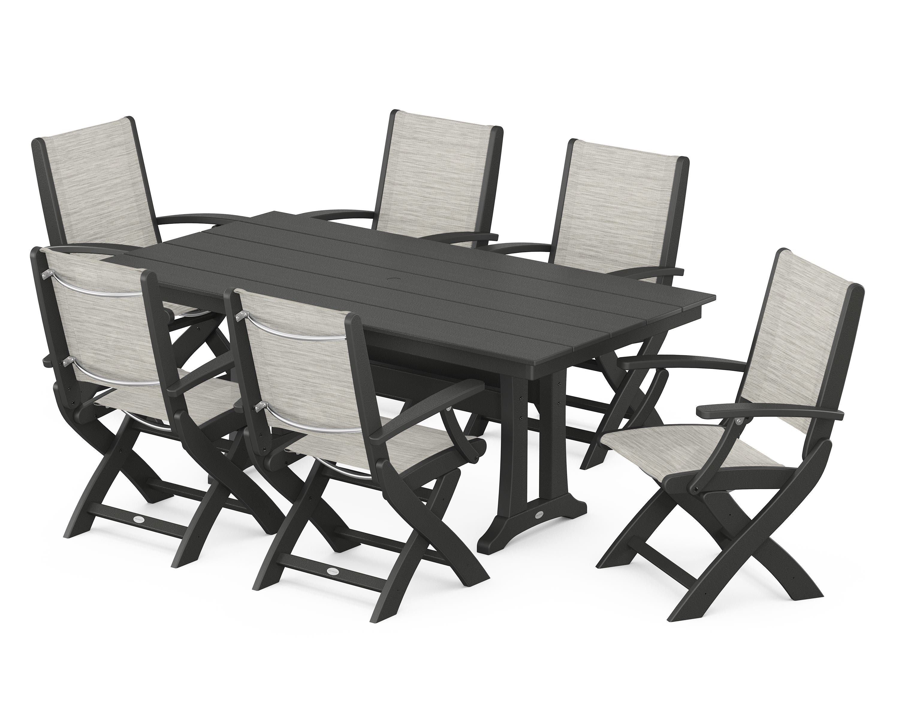 POLYWOOD Coastal Folding Arm Chair 7-Piece Farmhouse Dining Set with Trestle Legs in Black / Birch Sling