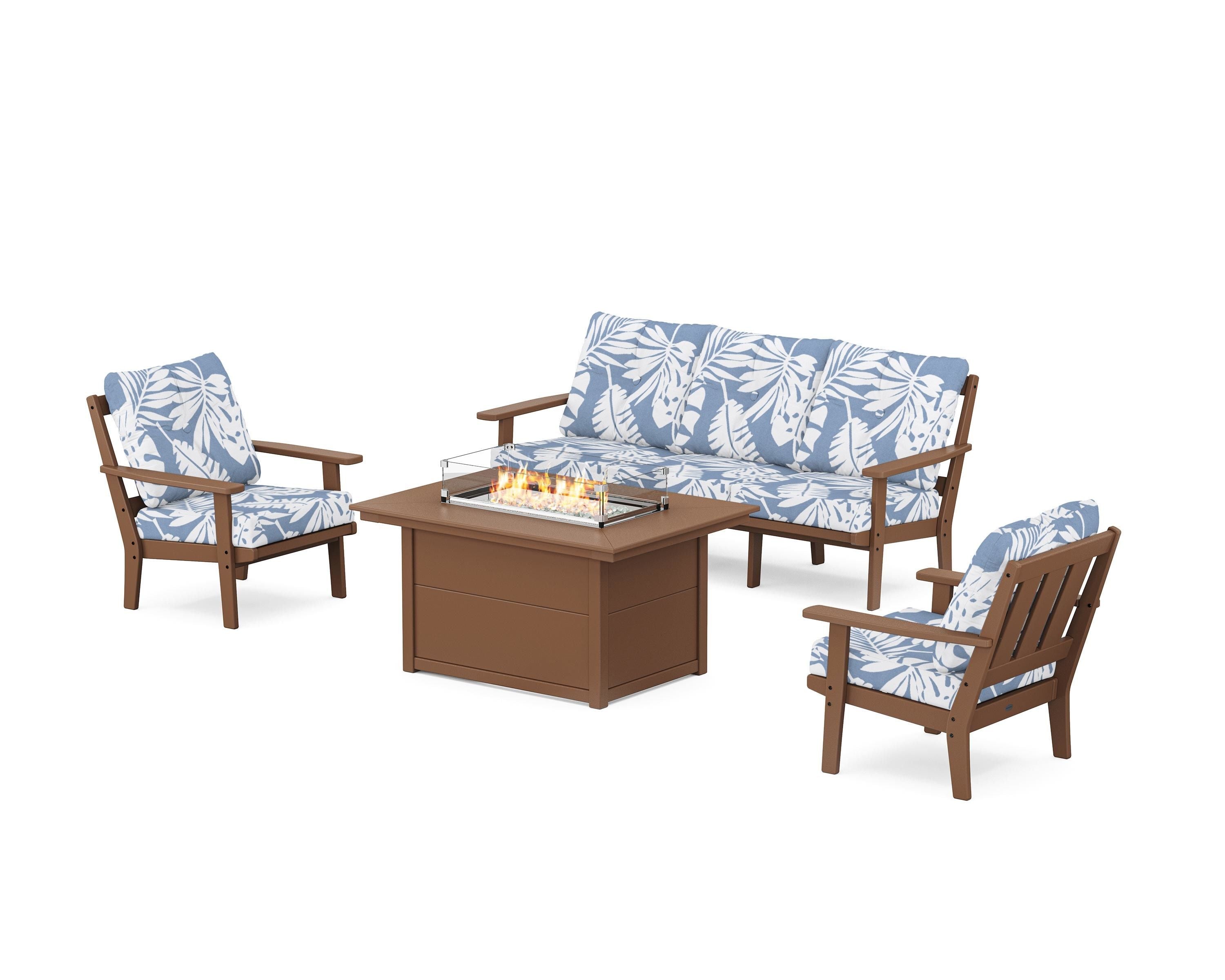 POLYWOOD Oxford Deep Seating Fire Pit Table Set in Teak / Leaf Sky Blue