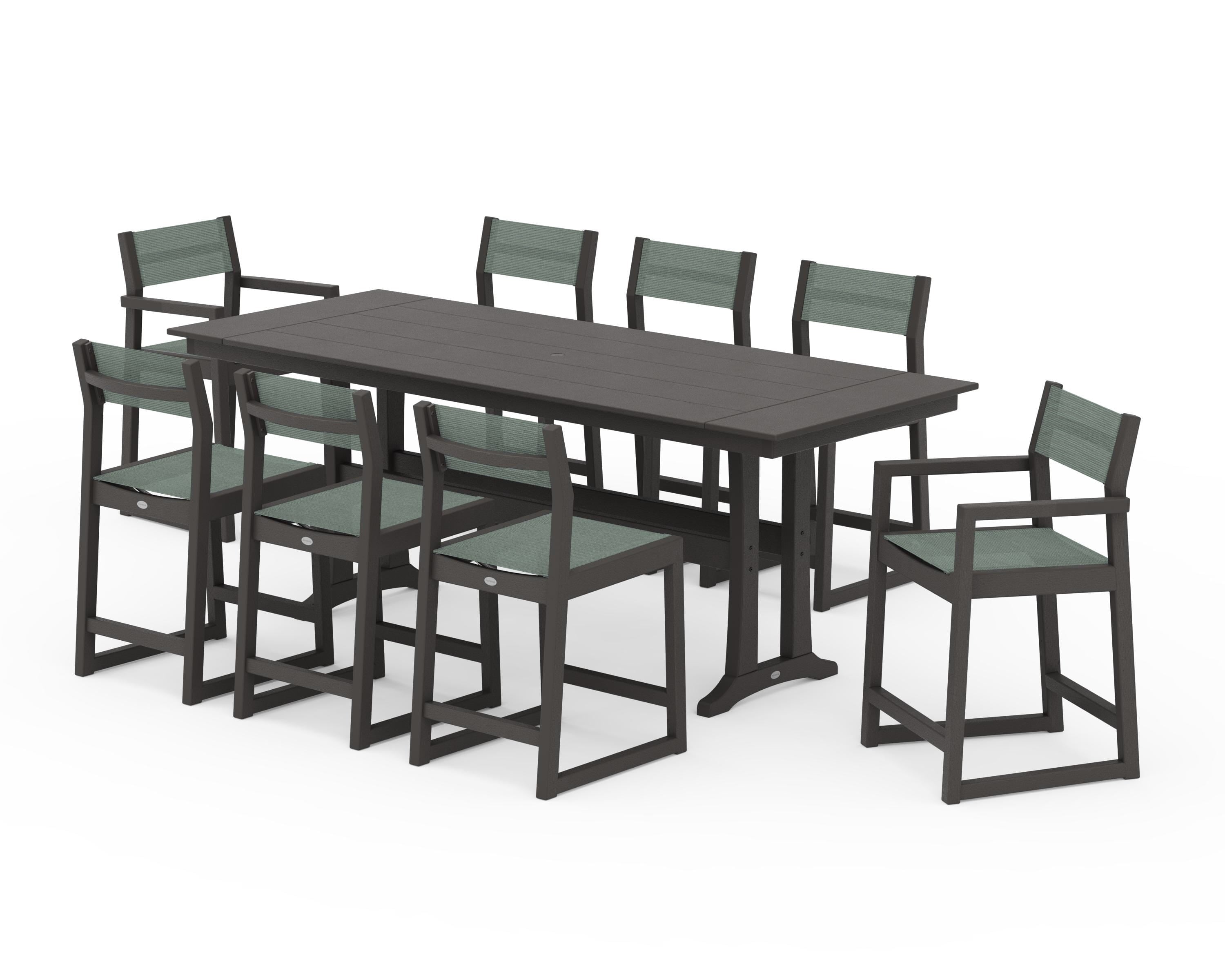 POLYWOOD EDGE Sling 9-Piece Farmhouse Counter Set with Trestle Legs in Vintage Coffee / Dupioni Sea Mist Sling