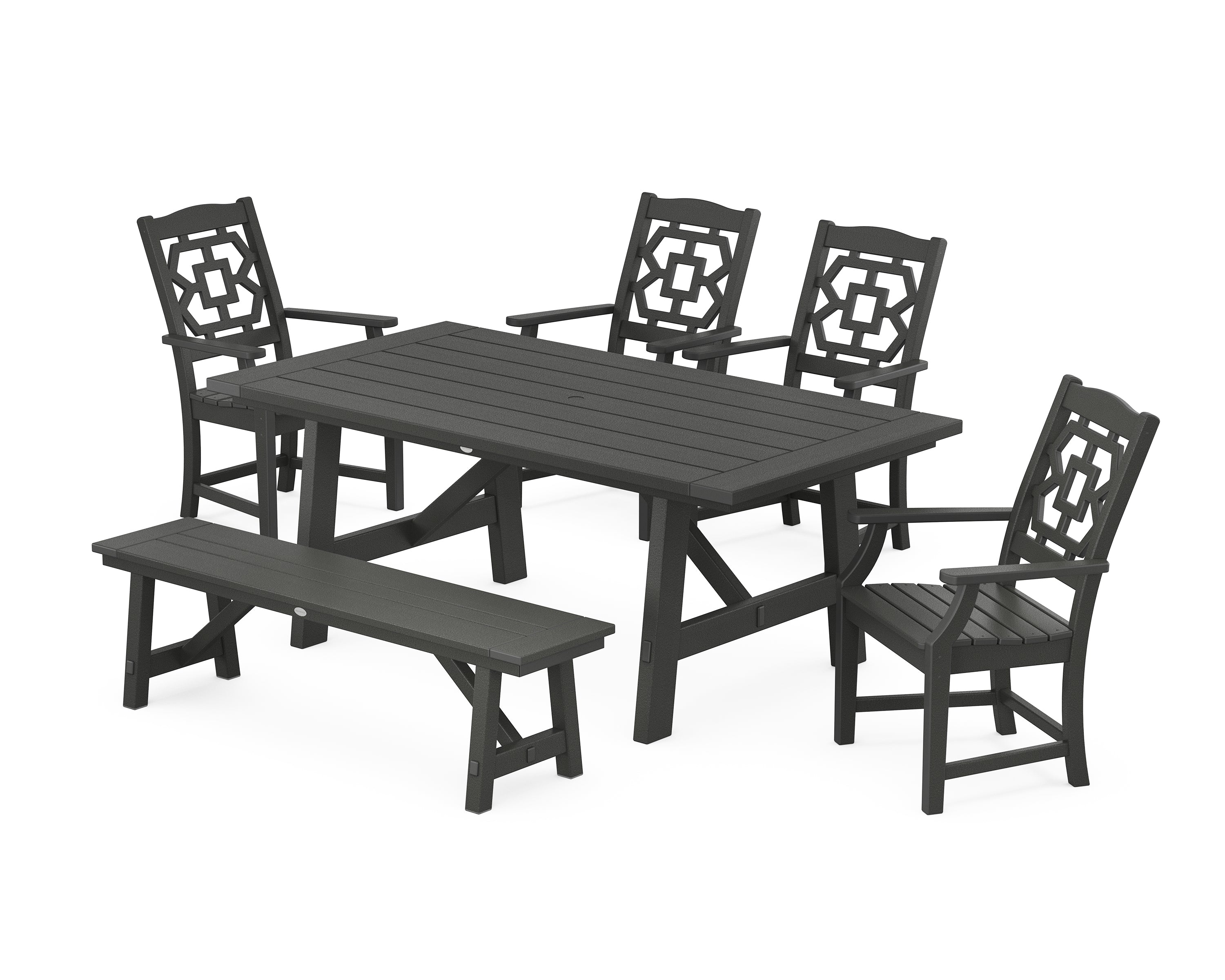 Martha Stewart by POLYWOOD® Chinoiserie 6-Piece Rustic Farmhouse Dining Set with Bench in Black