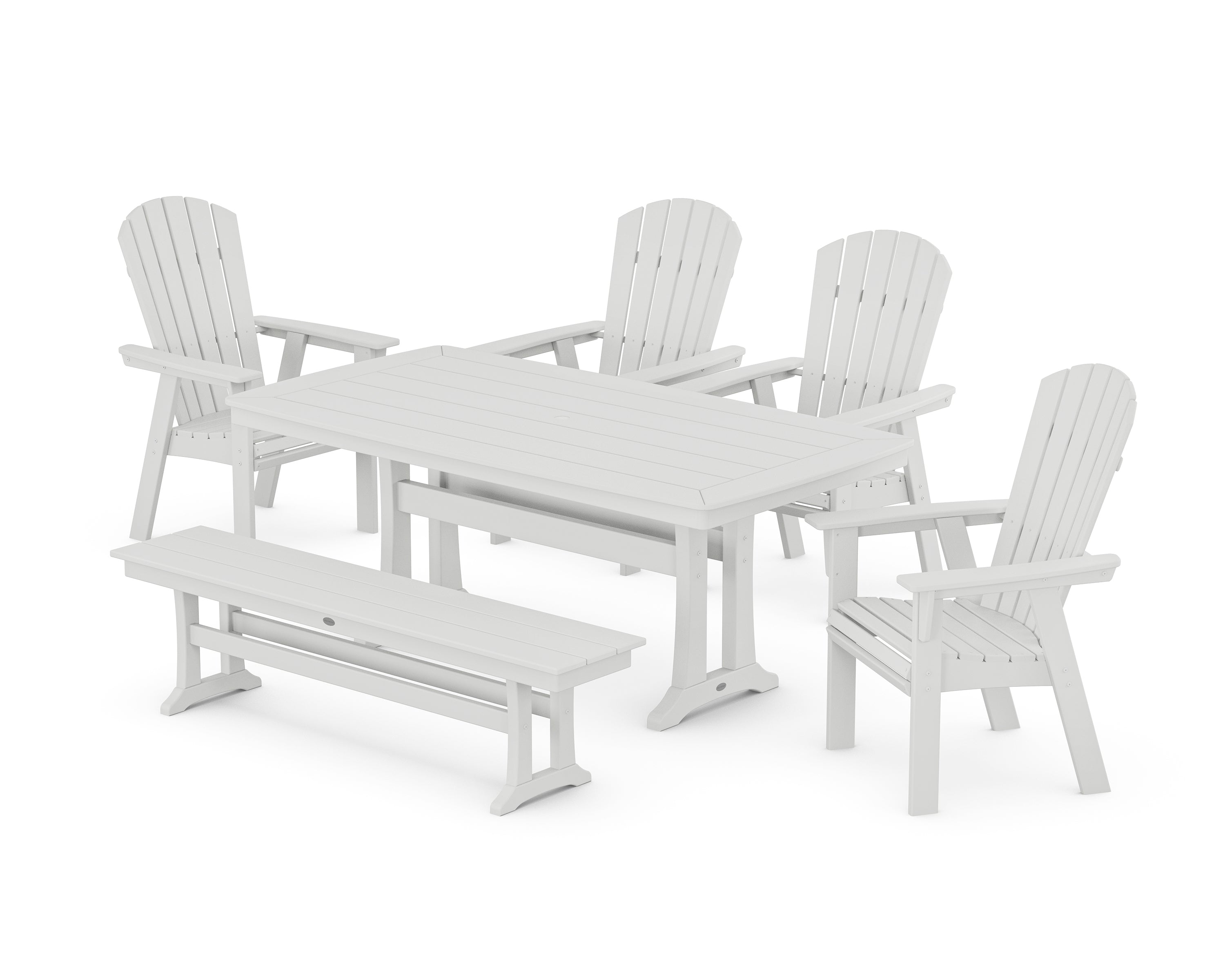 POLYWOOD Nautical Curveback Adirondack 6-Piece Dining Set with Trestle Legs and Bench in White
