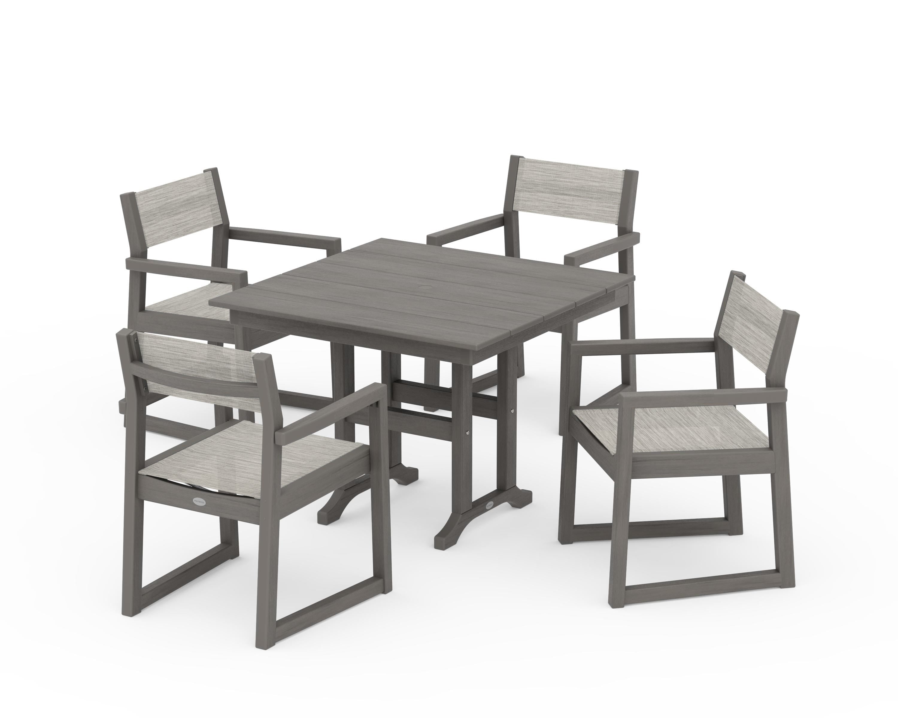 POLYWOOD EDGE Sling Arm Chair 5-Piece Farmhouse Dining Set in Driftwood / Birch Sling