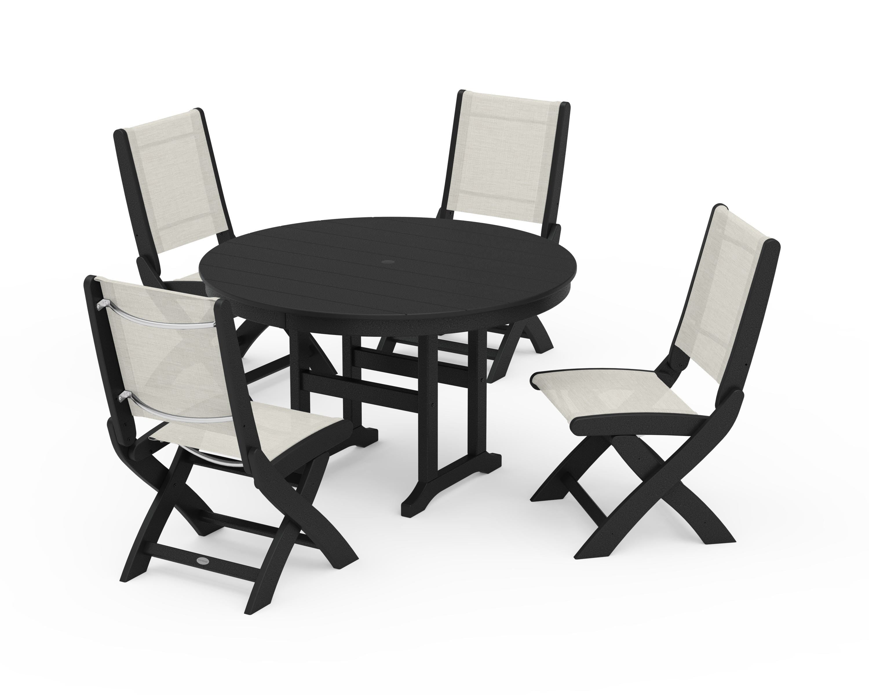 POLYWOOD Coastal Folding Side Chair 5-Piece Round Dining Set in Black / Parchment Sling