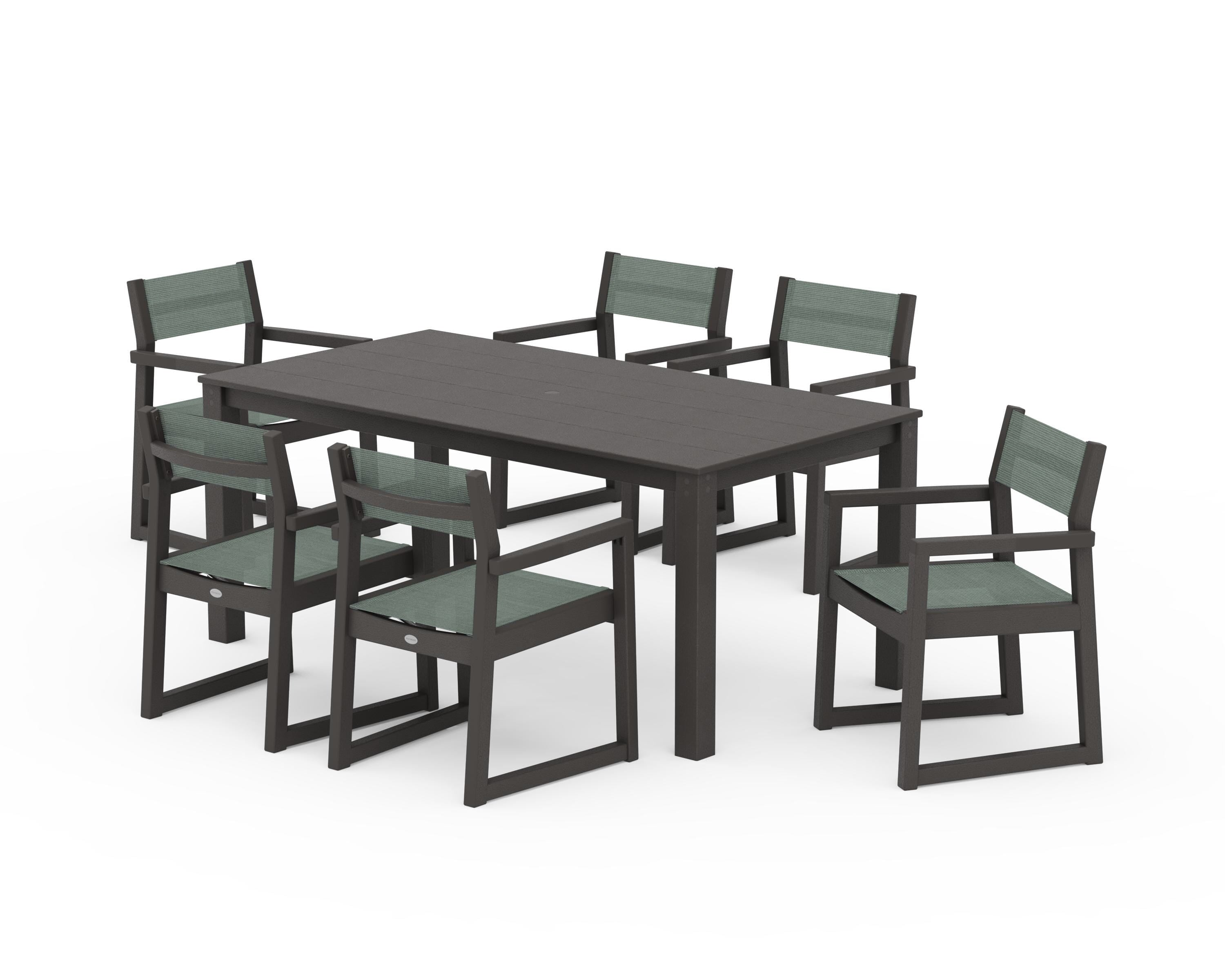 POLYWOOD EDGE Sling Arm Chair 7-Piece Parsons Dining Set in Vintage Coffee / Dupioni Sea Mist Sling