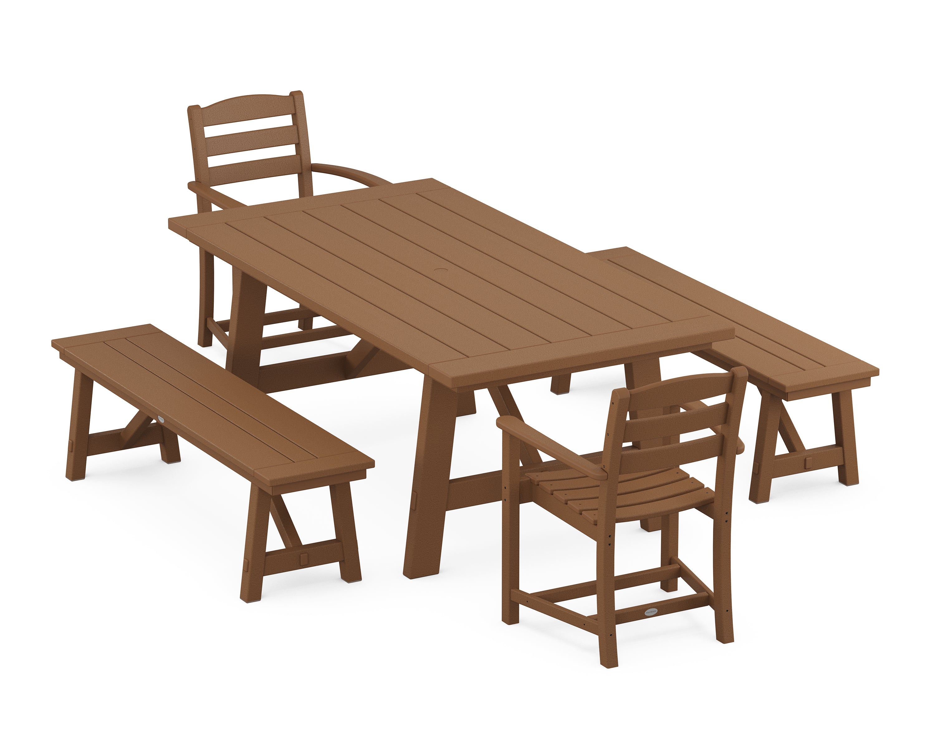 POLYWOOD® La Casa Café 5-Piece Rustic Farmhouse Dining Set With Benches in Teak