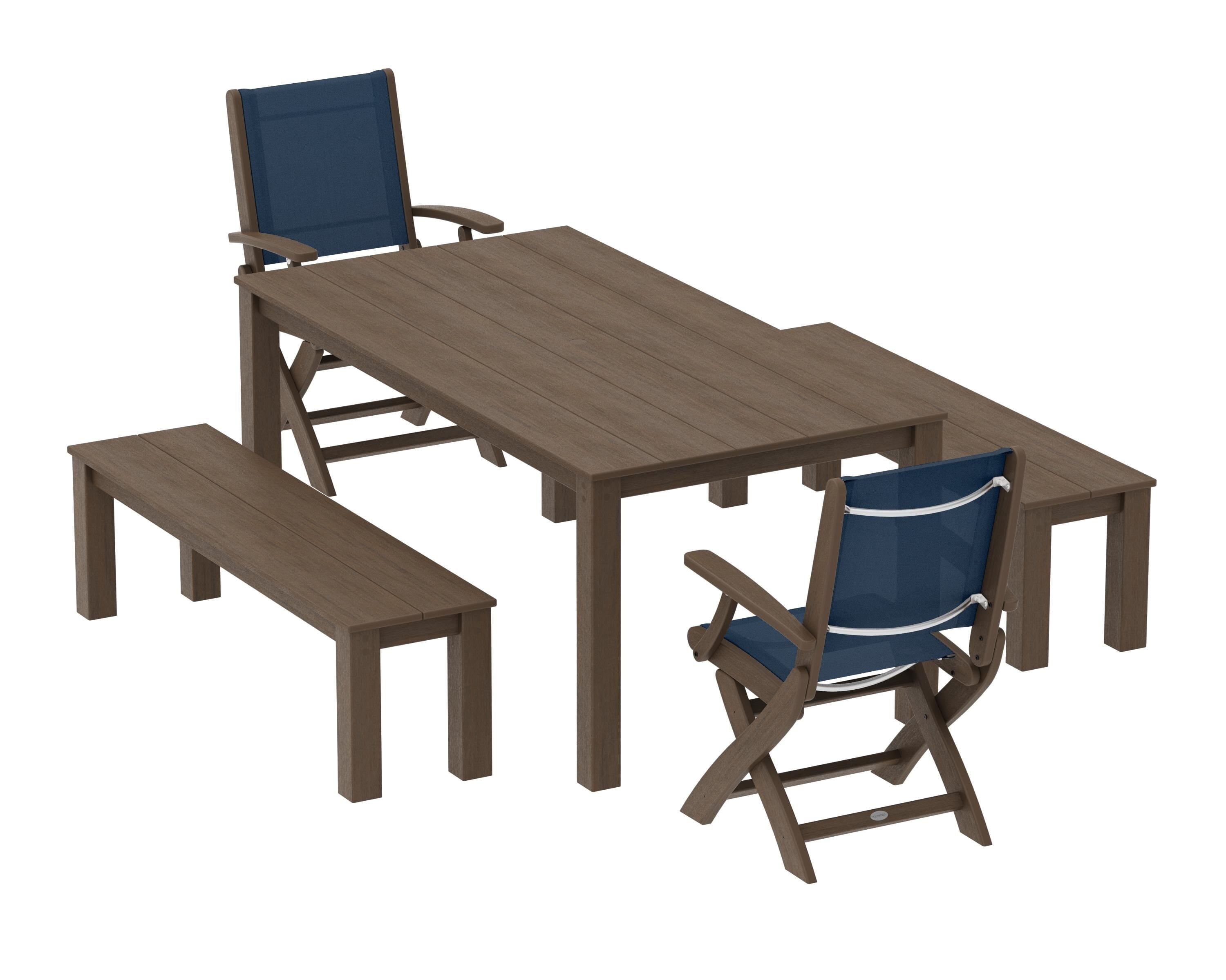 POLYWOOD Coastal Folding Chair 5-Piece Parsons Dining Set with Benches in Kona / Navy Blue Sling