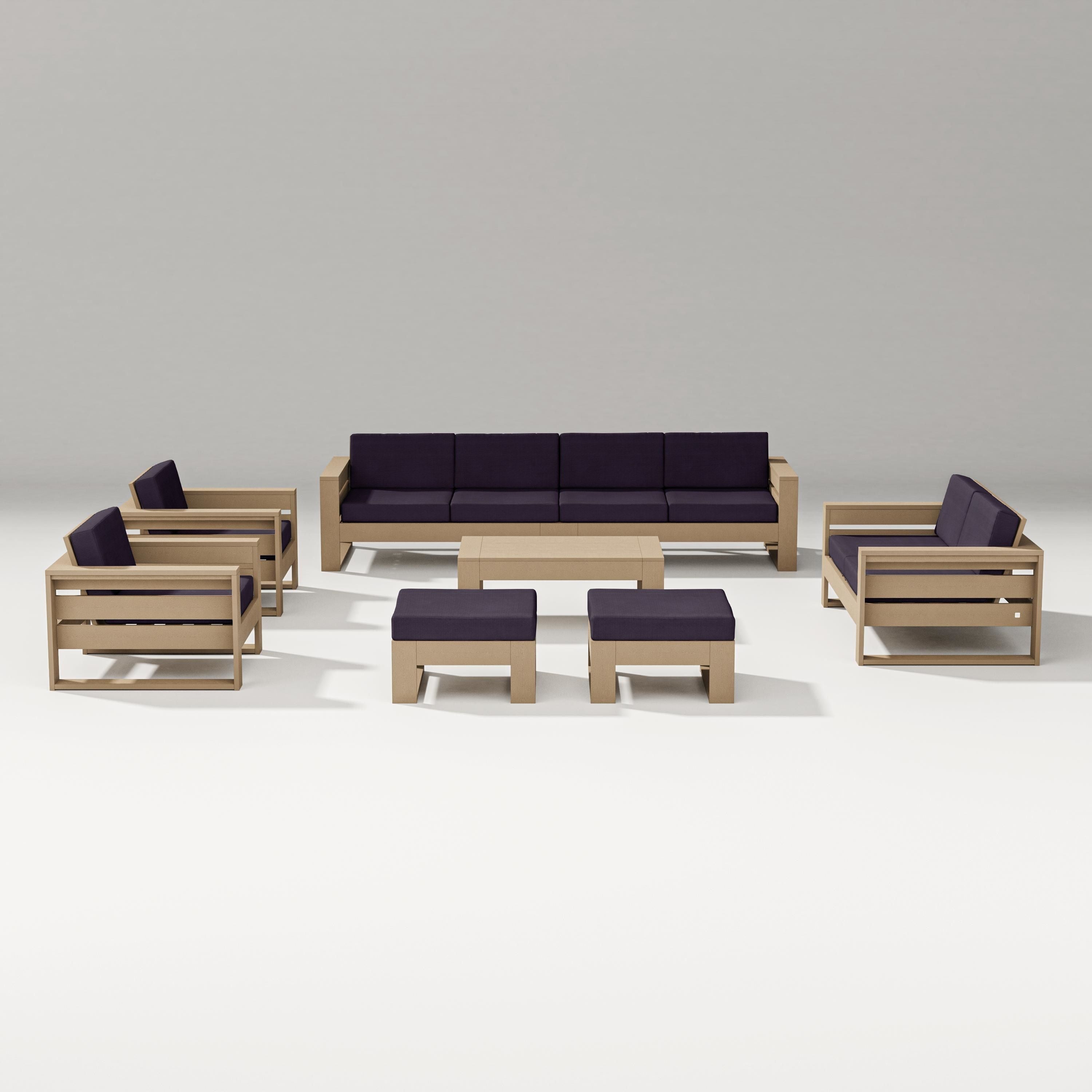 PW Designer Series Latitude 8-Piece Lounge Sofa Set in Vintage Sahara / Navy Linen