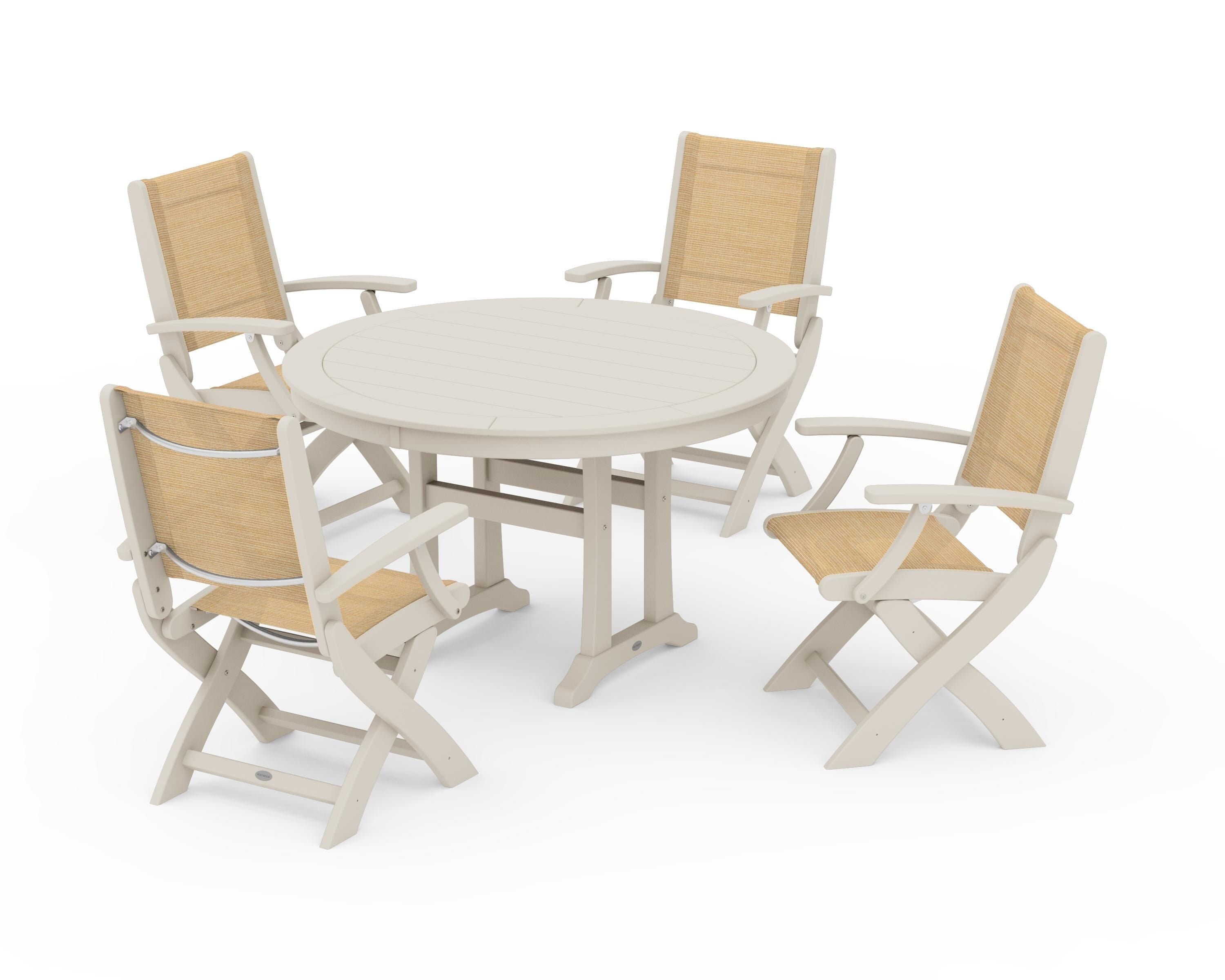 POLYWOOD Coastal Folding Chair 5-Piece Round Dining Set with Trestle Legs in Sand / Dupioni Apricot Sling