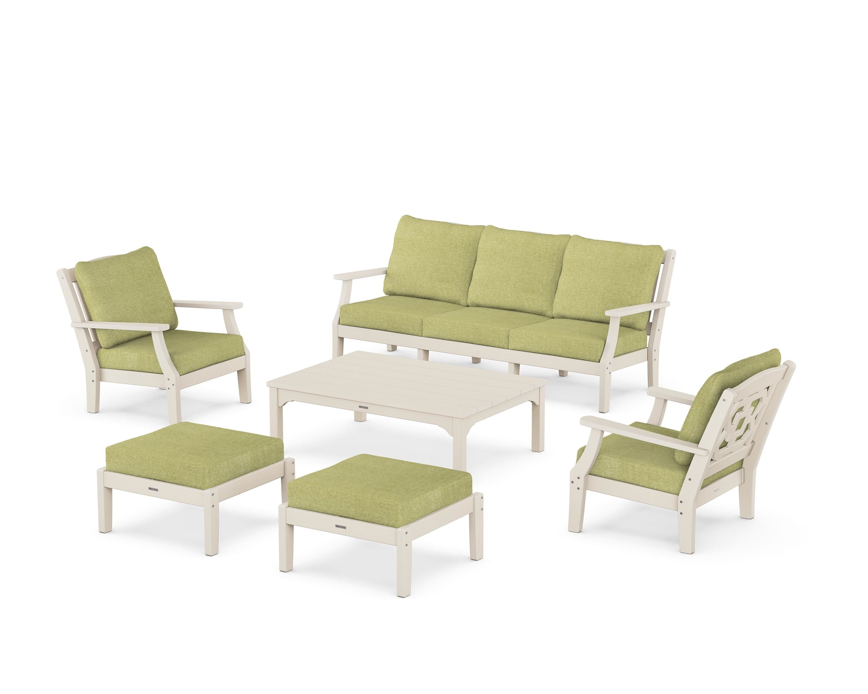 Martha Stewart by POLYWOOD Chinoiserie 6-Piece Lounge Sofa Set in Sand / Chartreuse Boucle