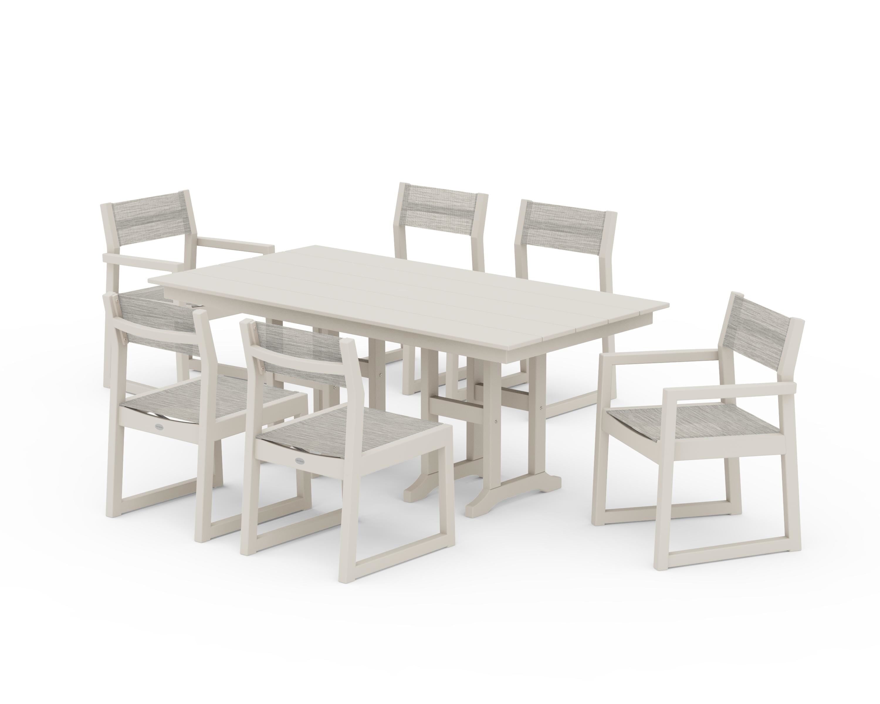 POLYWOOD EDGE Sling 7-Piece Farmhouse Dining Set in Sand / Birch Sling