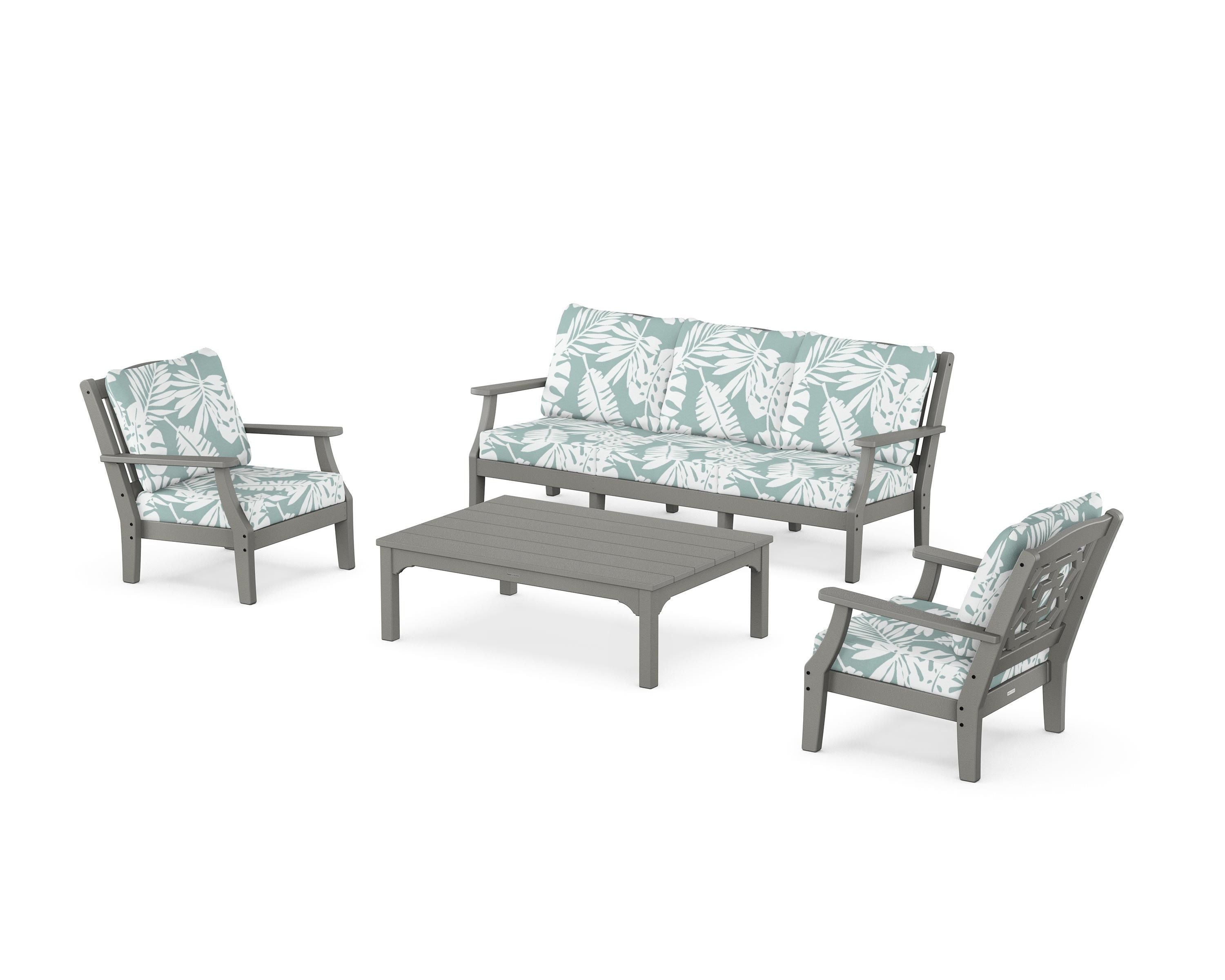 Martha Stewart by POLYWOOD Chinoiserie 4-Piece Deep Seating Set with Sofa in Slate Grey / Leaf Glacier Spa