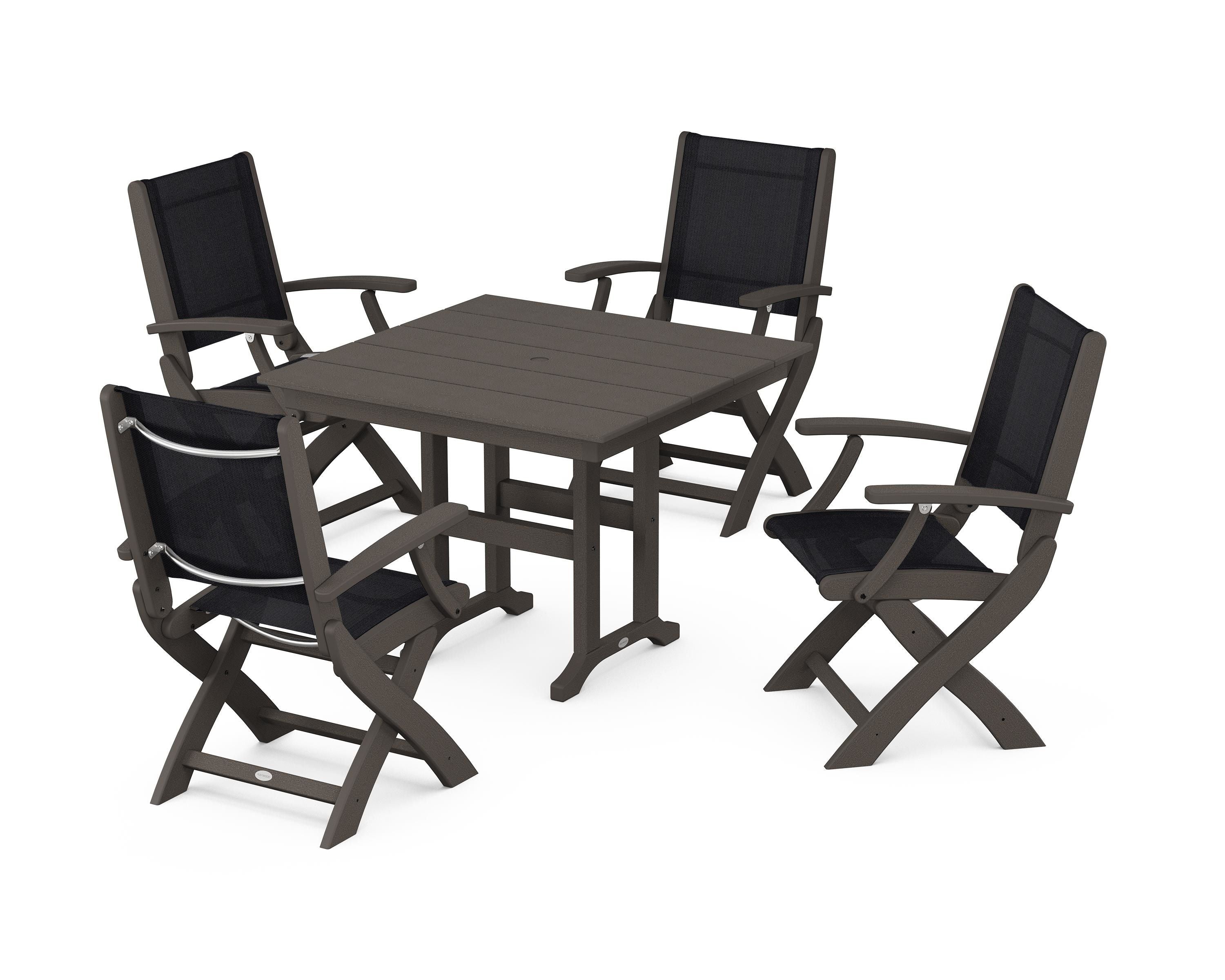 POLYWOOD Coastal Folding Chair 5-Piece Farmhouse Dining Set in Vintage Coffee / Black Sling