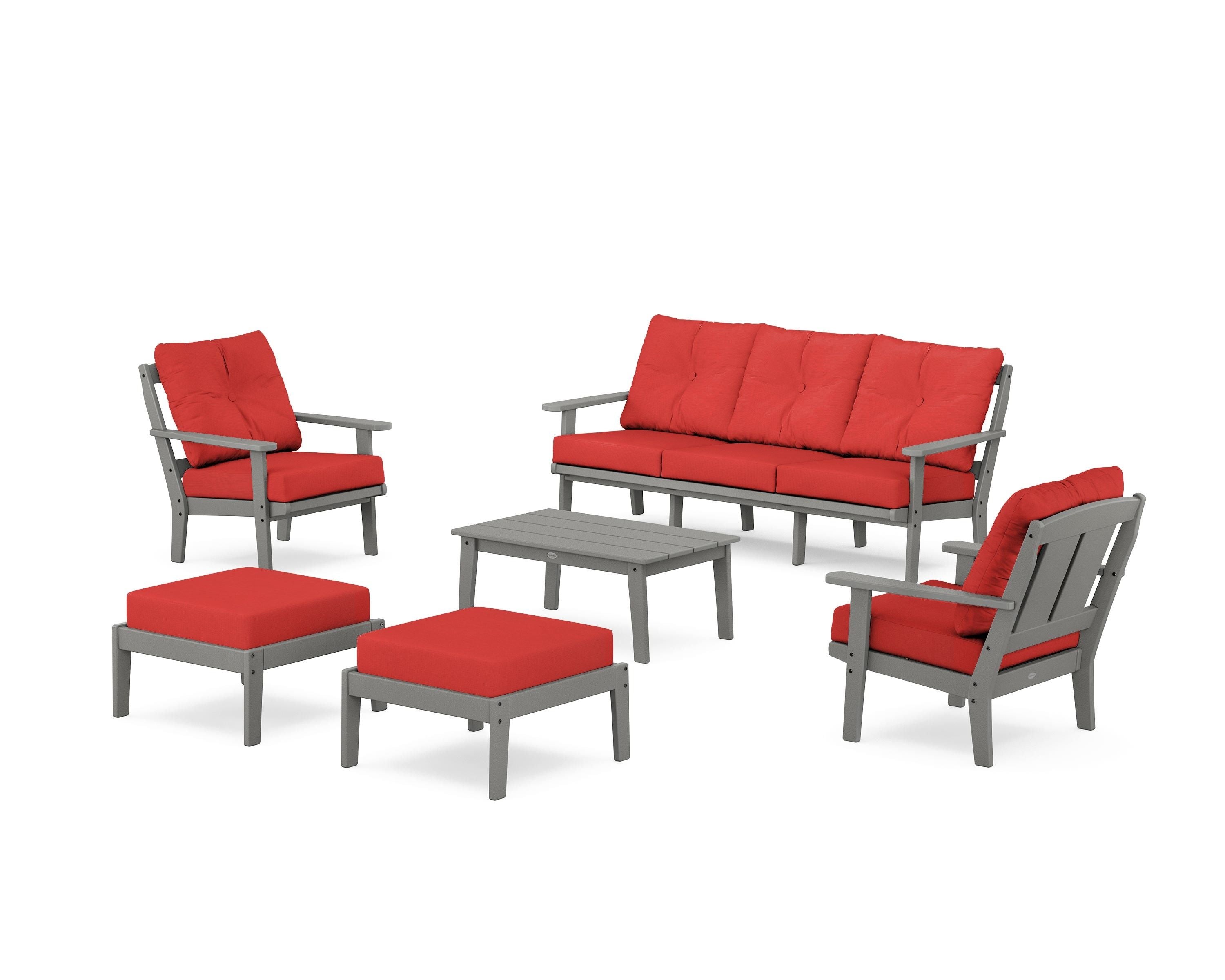 POLYWOOD Mission 6-Piece Lounge Sofa Set in Slate Grey / Crimson Linen