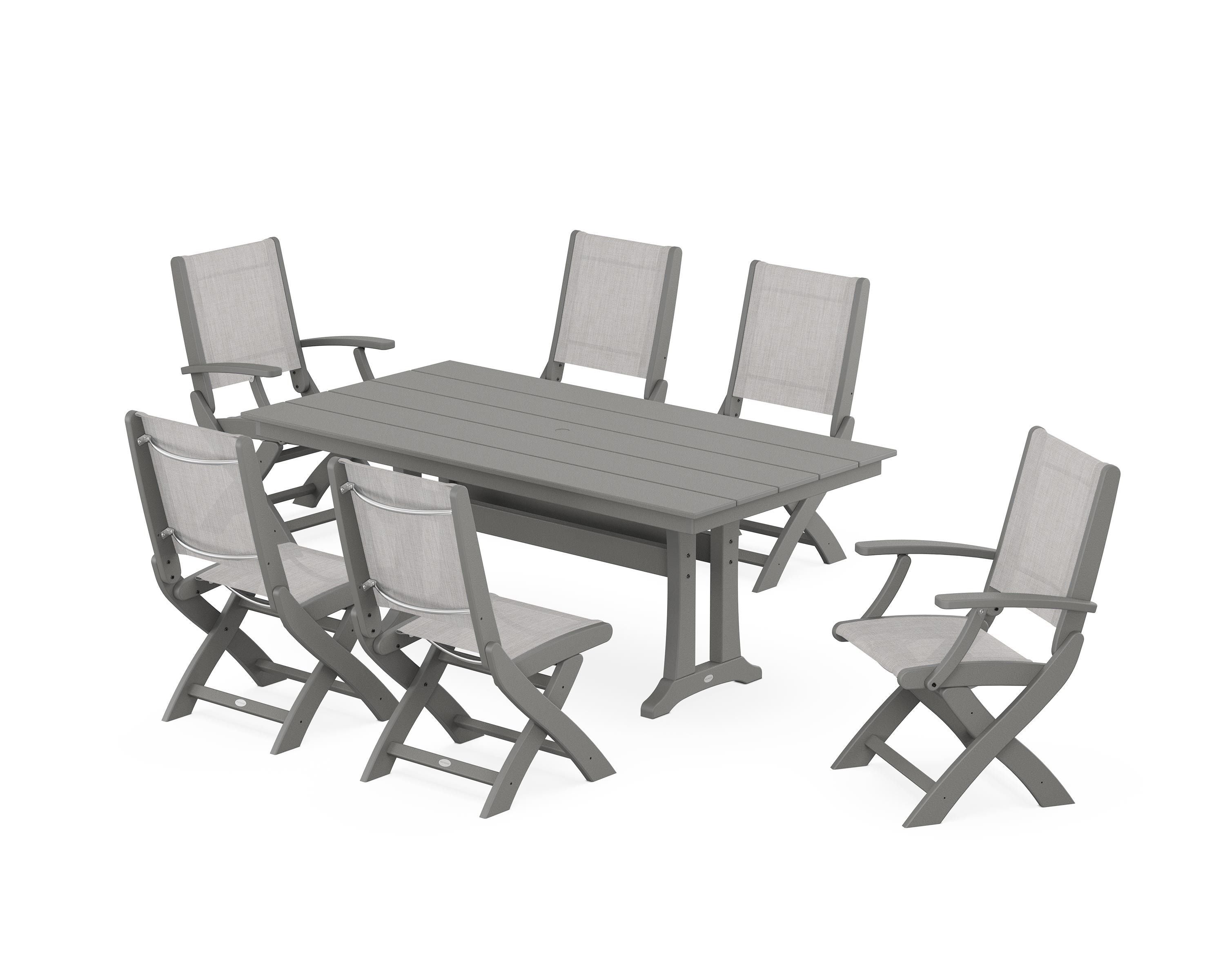 POLYWOOD Coastal Folding Chair 7-Piece Farmhouse Dining Set with Trestle Legs in Slate Grey / Parchment Sling
