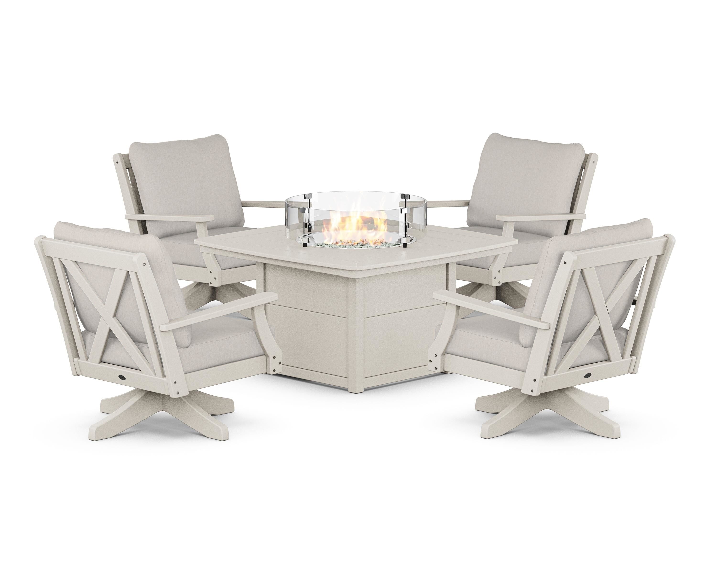 POLYWOOD Braxton 5-Piece Deep Seating Swivel Conversation Set with Fire Pit Table in Sand / Cast Ash