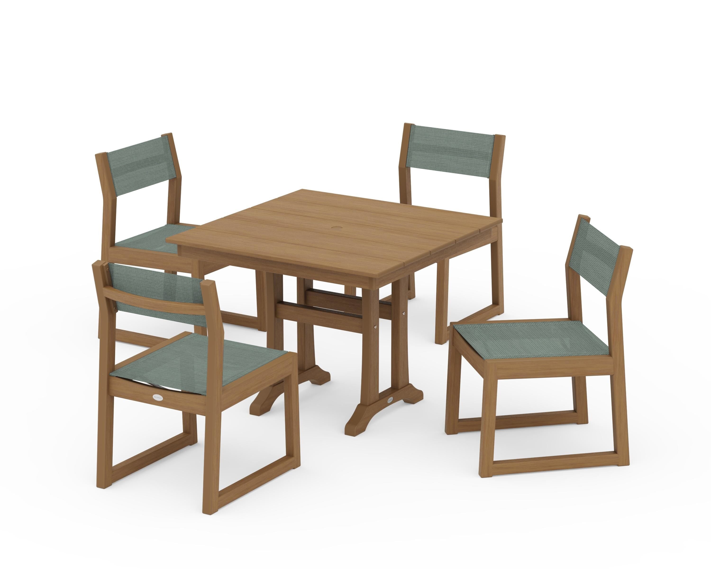 POLYWOOD EDGE Sling 5-Piece Farmhouse Trestle Side Chair Dining Set in Natural / Dupioni Sea Mist Sling