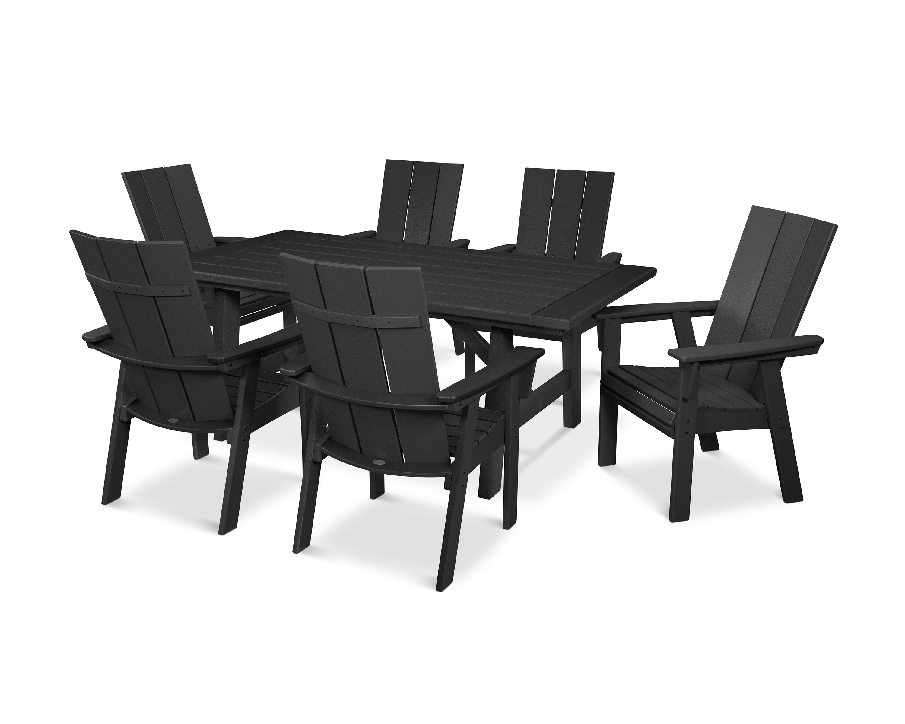 POLYWOOD® Modern Curveback Adirondack 7-Piece Rustic Farmhouse Dining Set in Black