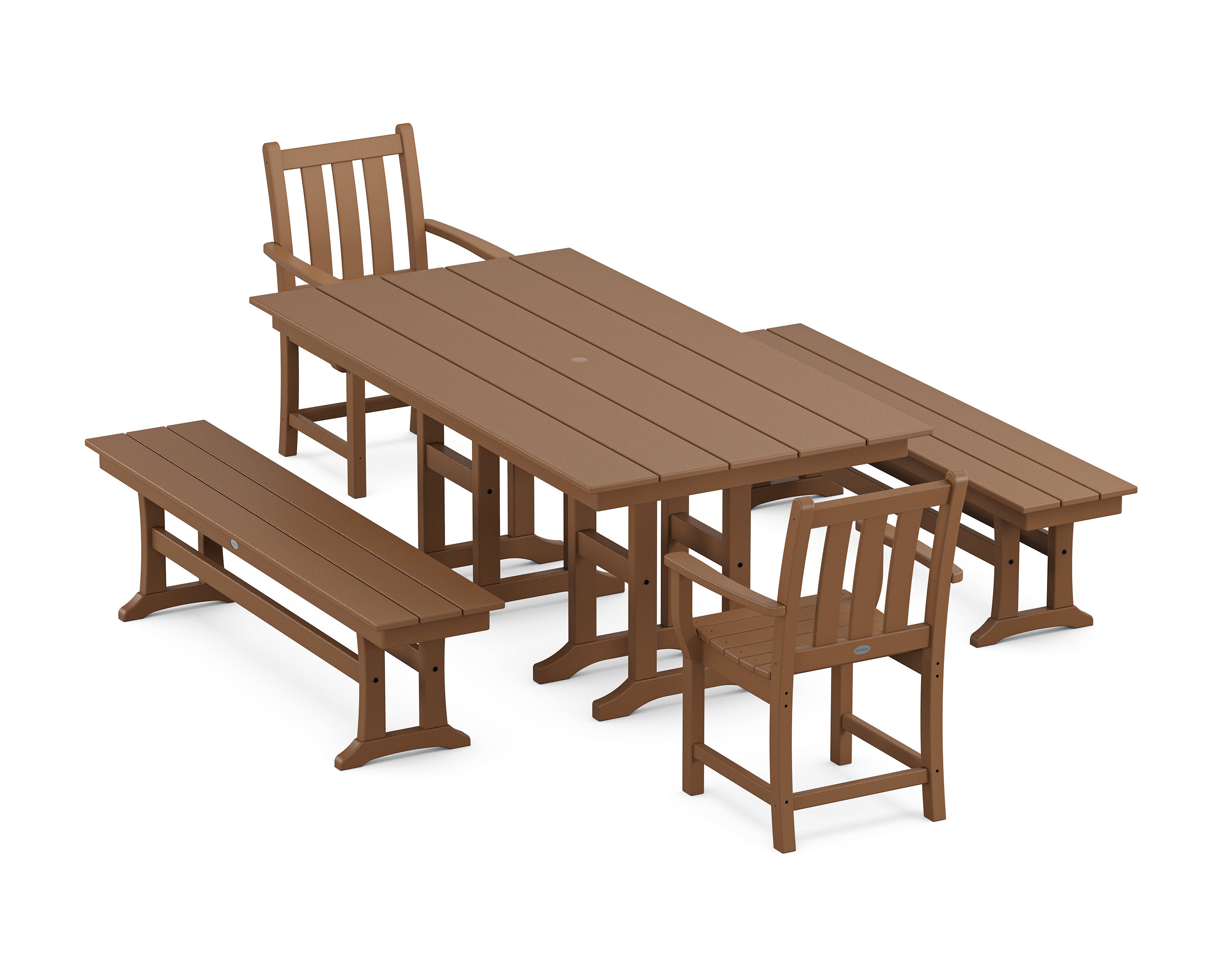 POLYWOOD® Traditional Garden 5-Piece Farmhouse Dining Set with Benches in Teak