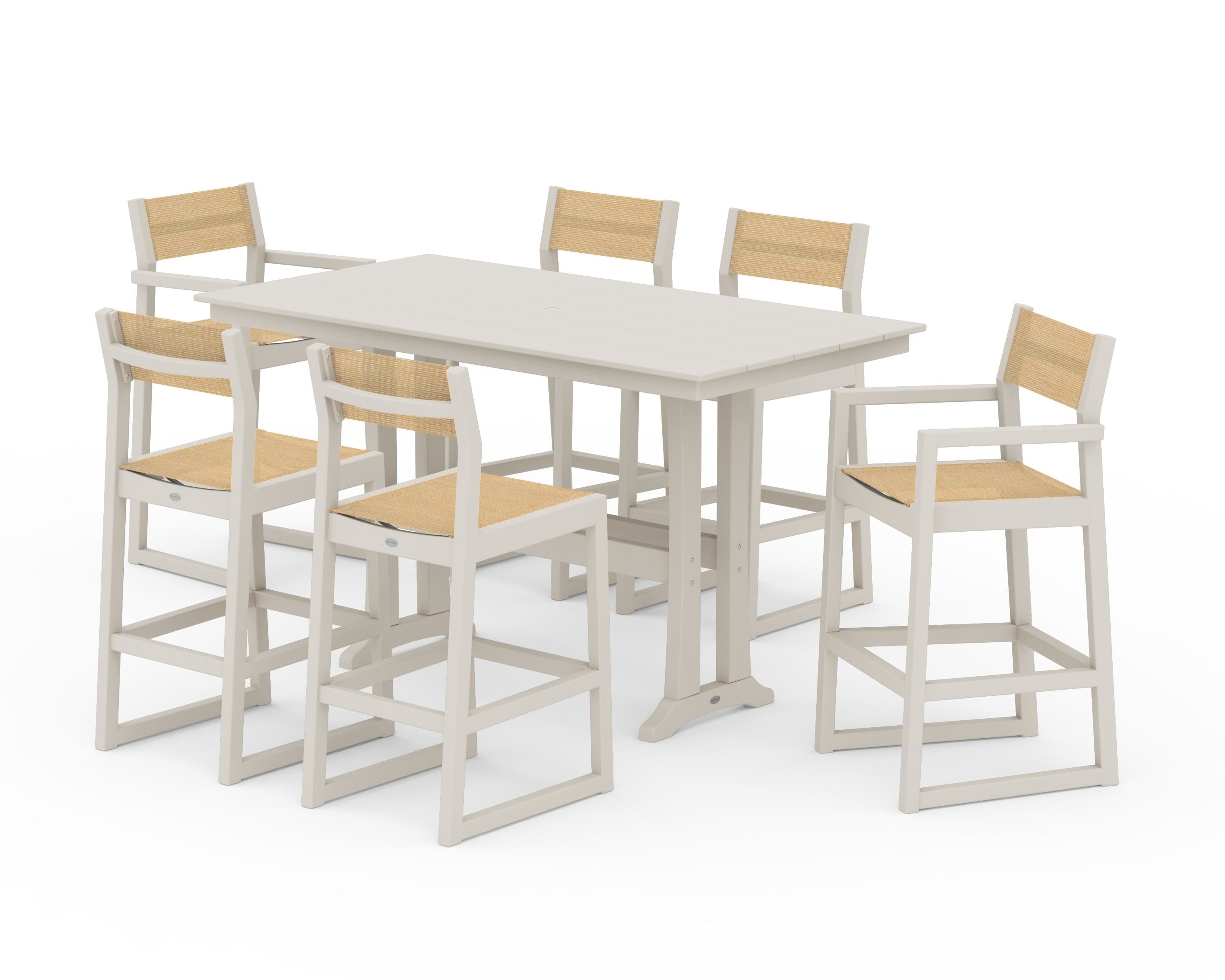 POLYWOOD EDGE Sling 7-Piece Farmhouse Bar Set with Trestle Legs in Sand / Dupioni Apricot Sling