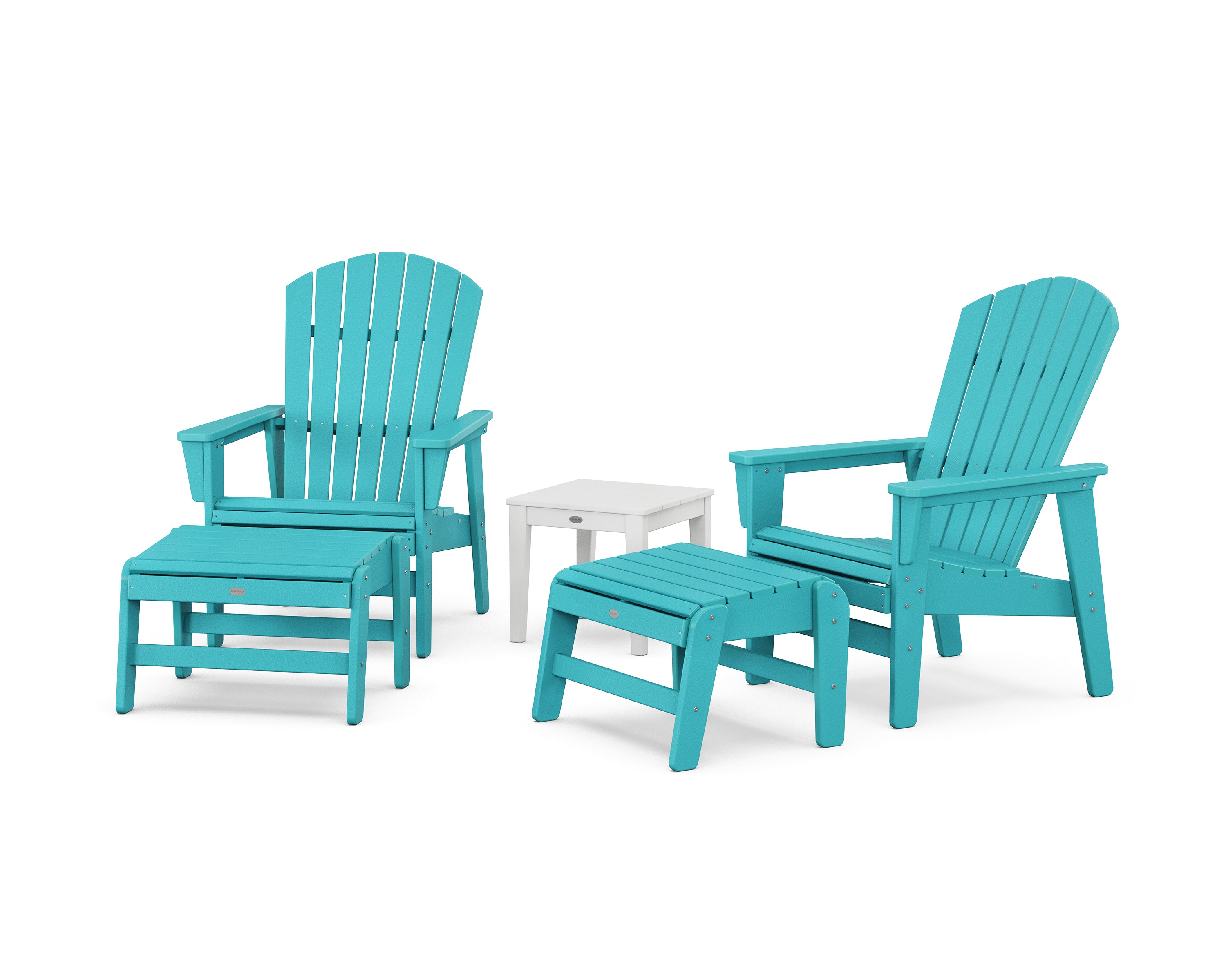 POLYWOOD® 5-Piece Nautical Grand Upright Adirondack Set with Ottomans and Side Table in Aruba / White