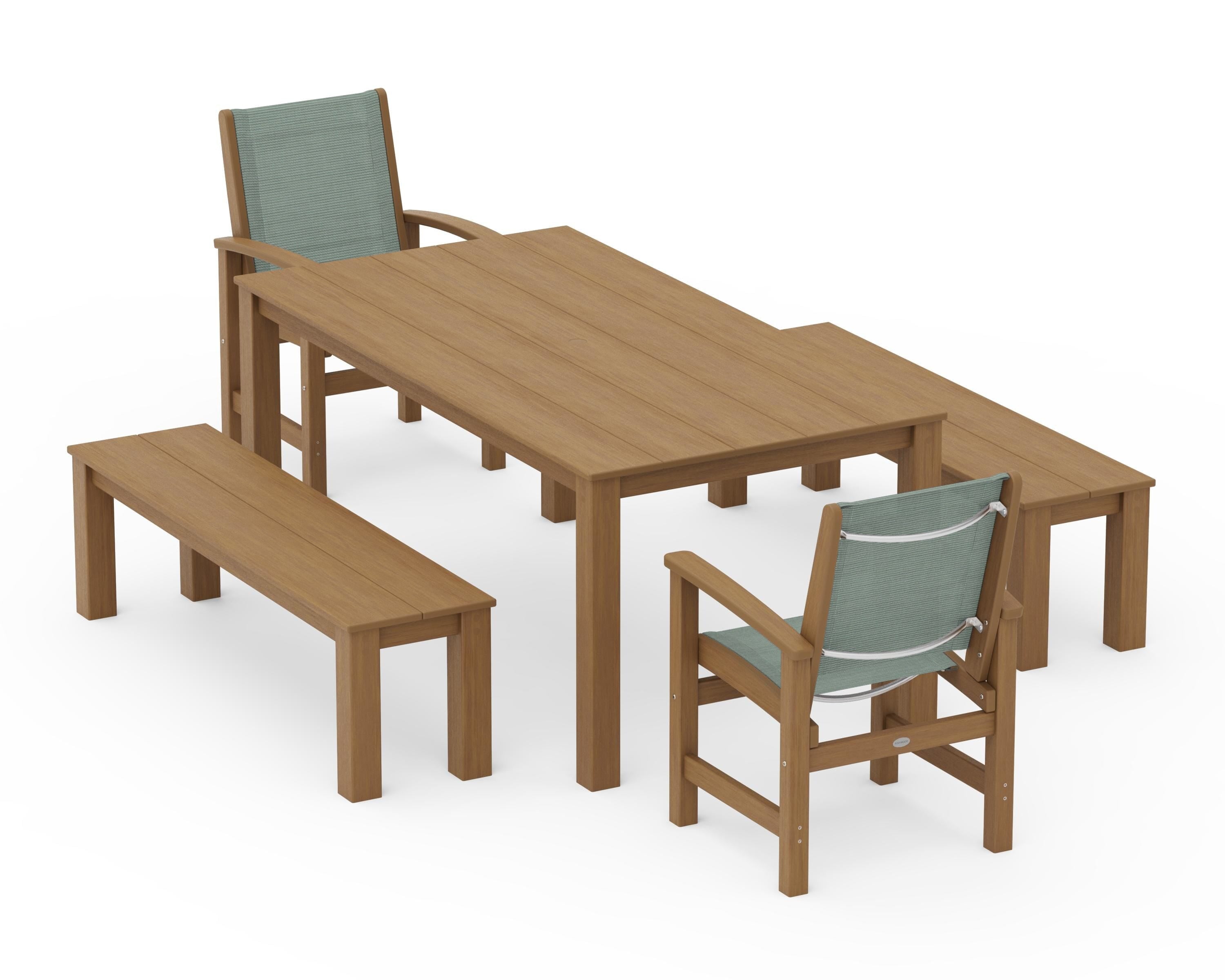 POLYWOOD Coastal 5-Piece Parsons Dining Set with Benches in Natural / Dupioni Sea Mist Sling