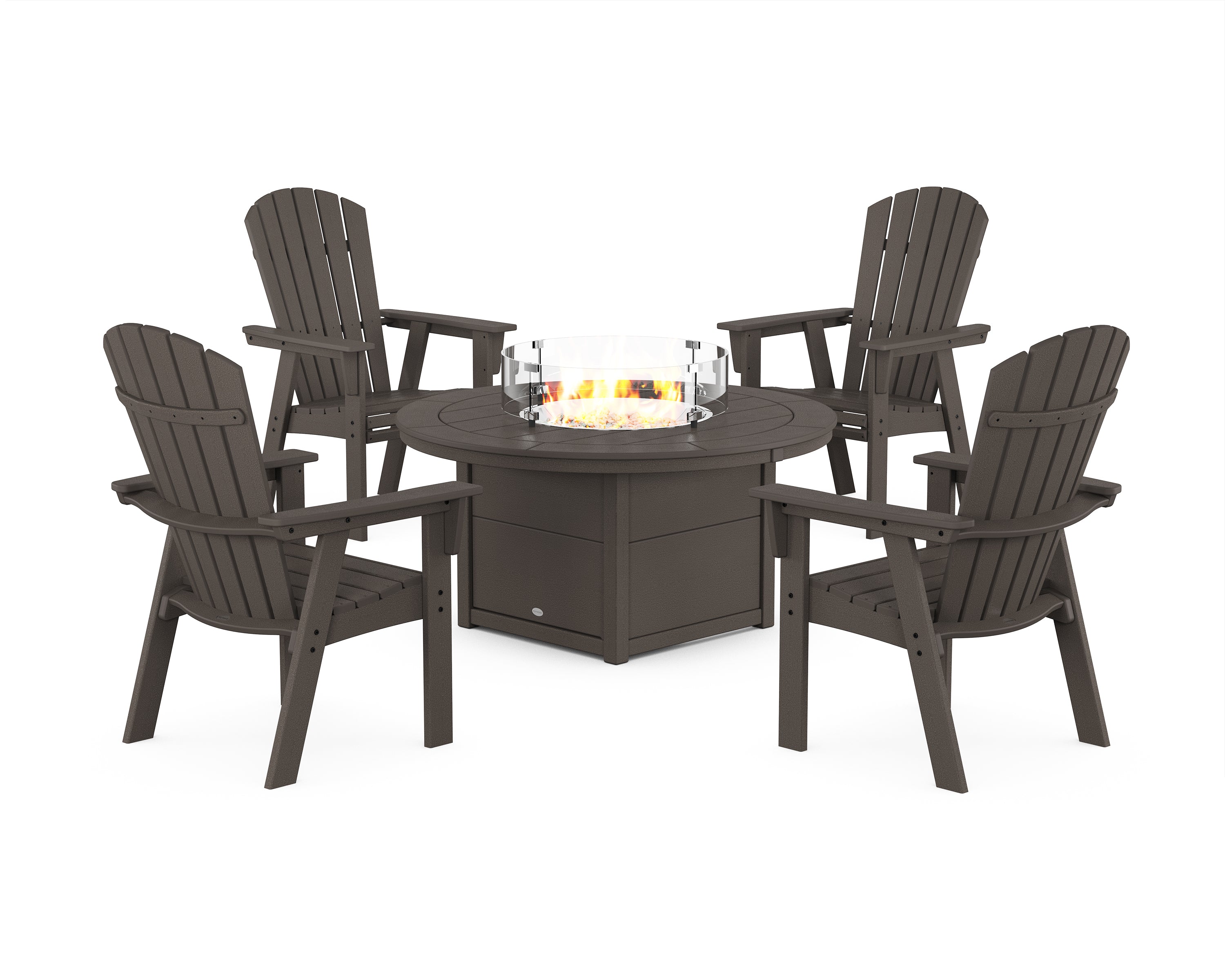 POLYWOOD® Nautical 4-Piece Curveback Upright Adirondack Conversation Set with Fire Pit Table in Vintage Coffee