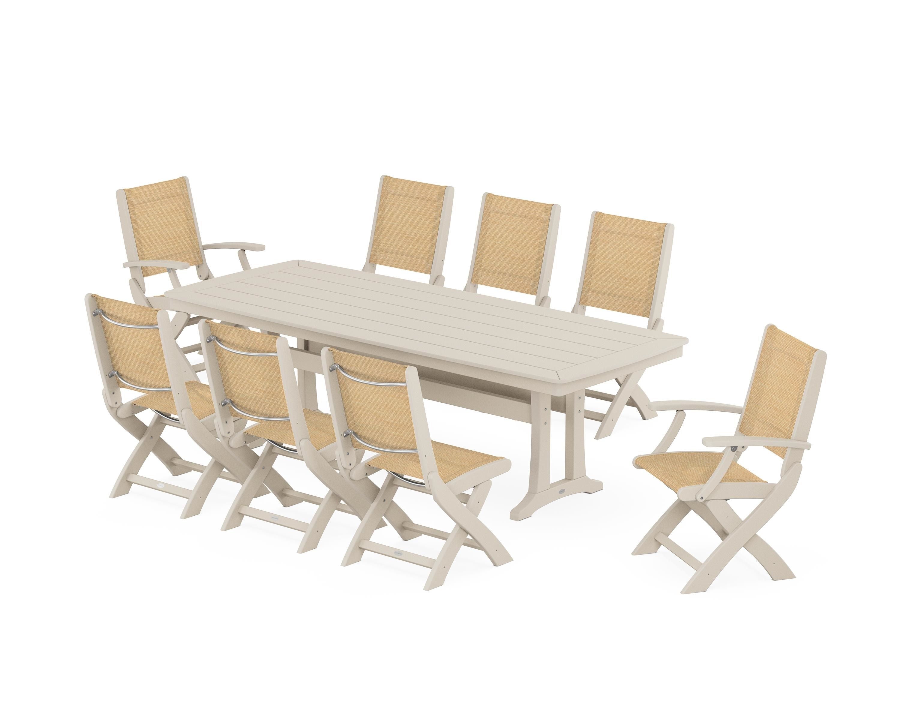 POLYWOOD Coastal Folding 9-Piece Dining Set with Trestle Legs in Sand / Dupioni Apricot Sling
