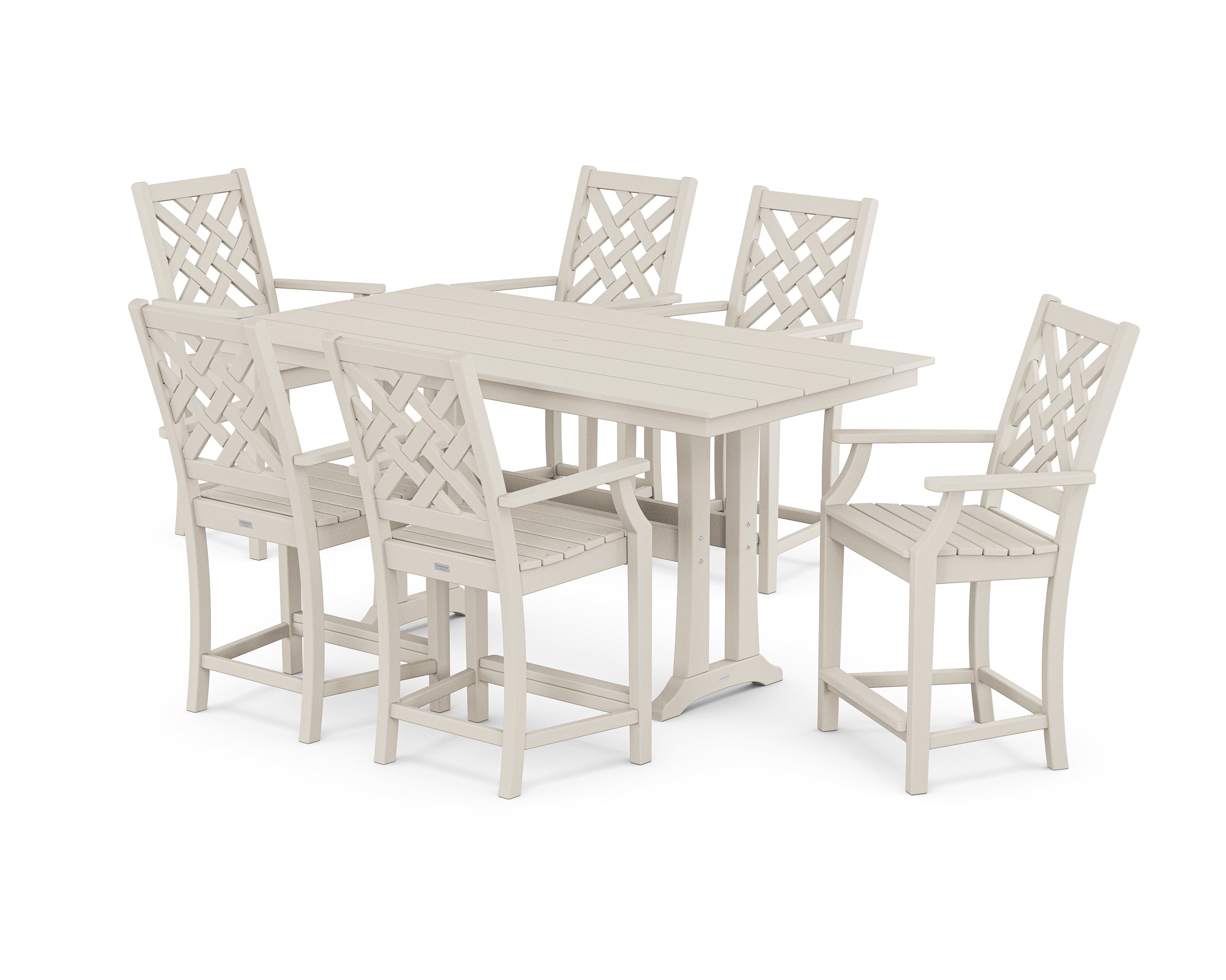 Country Living Wovendale Arm Chair 7-Piece Farmhouse Counter Set with Trestle Legs in Sand